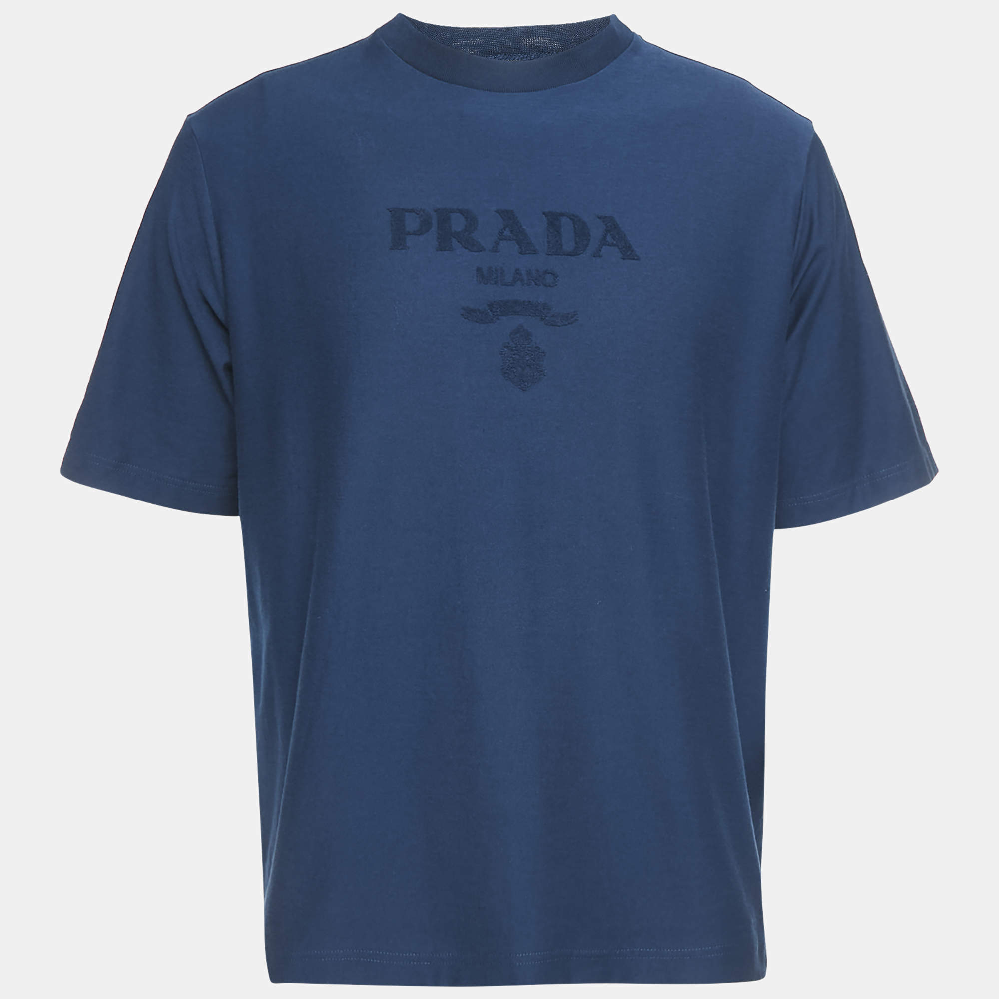 Prada Blue Logo Embossed Jersey Crewneck T-Shirt S