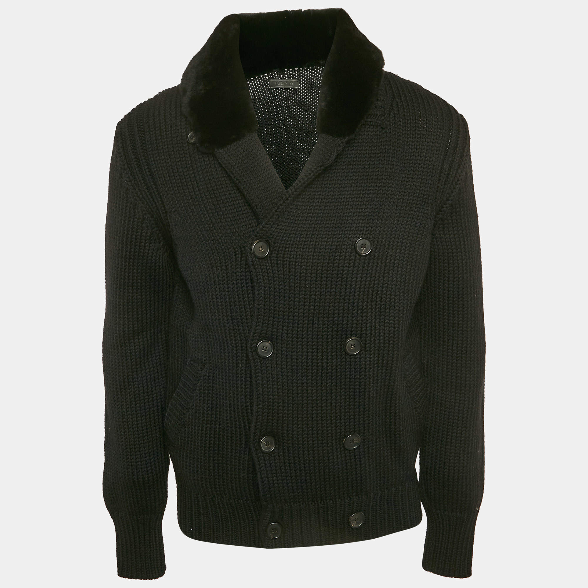 Prada Black Wool Dyed Nutria Fur Trimmed Cardigan XL