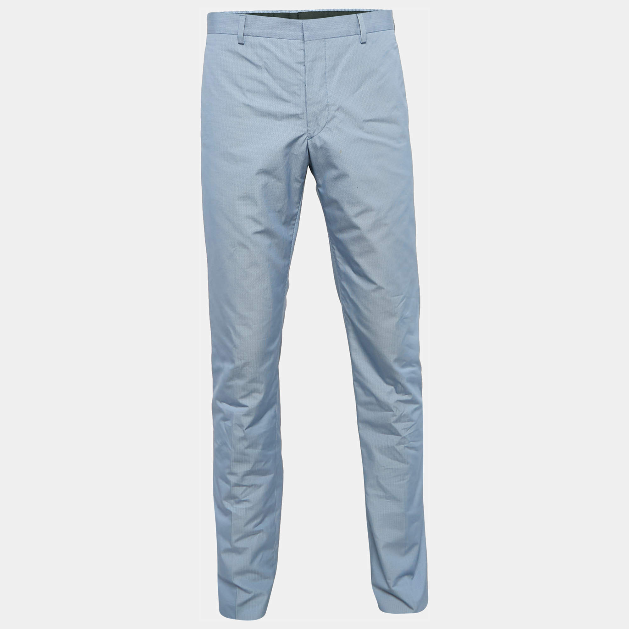 Prada Blue Patterned Cotton Regular Trousers L