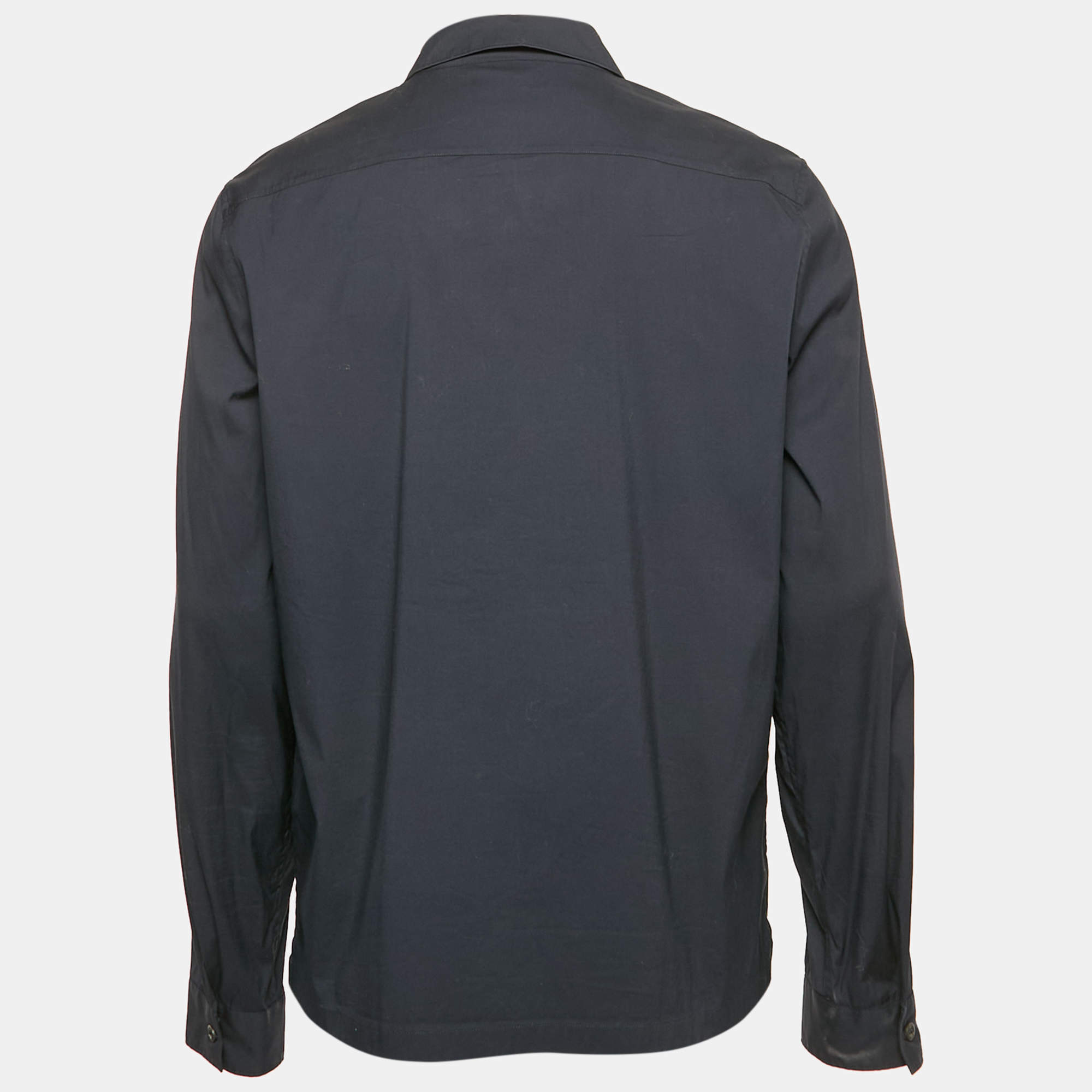 Prada navy Blue Logo Print Cotton Zip-Up Shirt L Prada | TLC