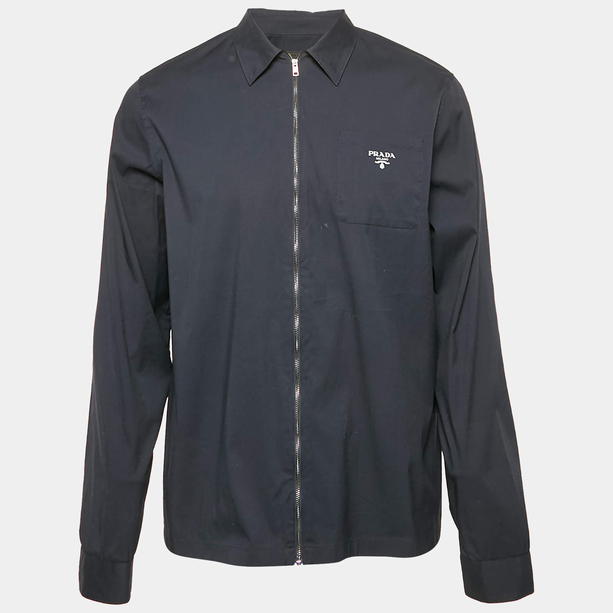 Prada navy Blue Logo Print Cotton Zip-Up Shirt L