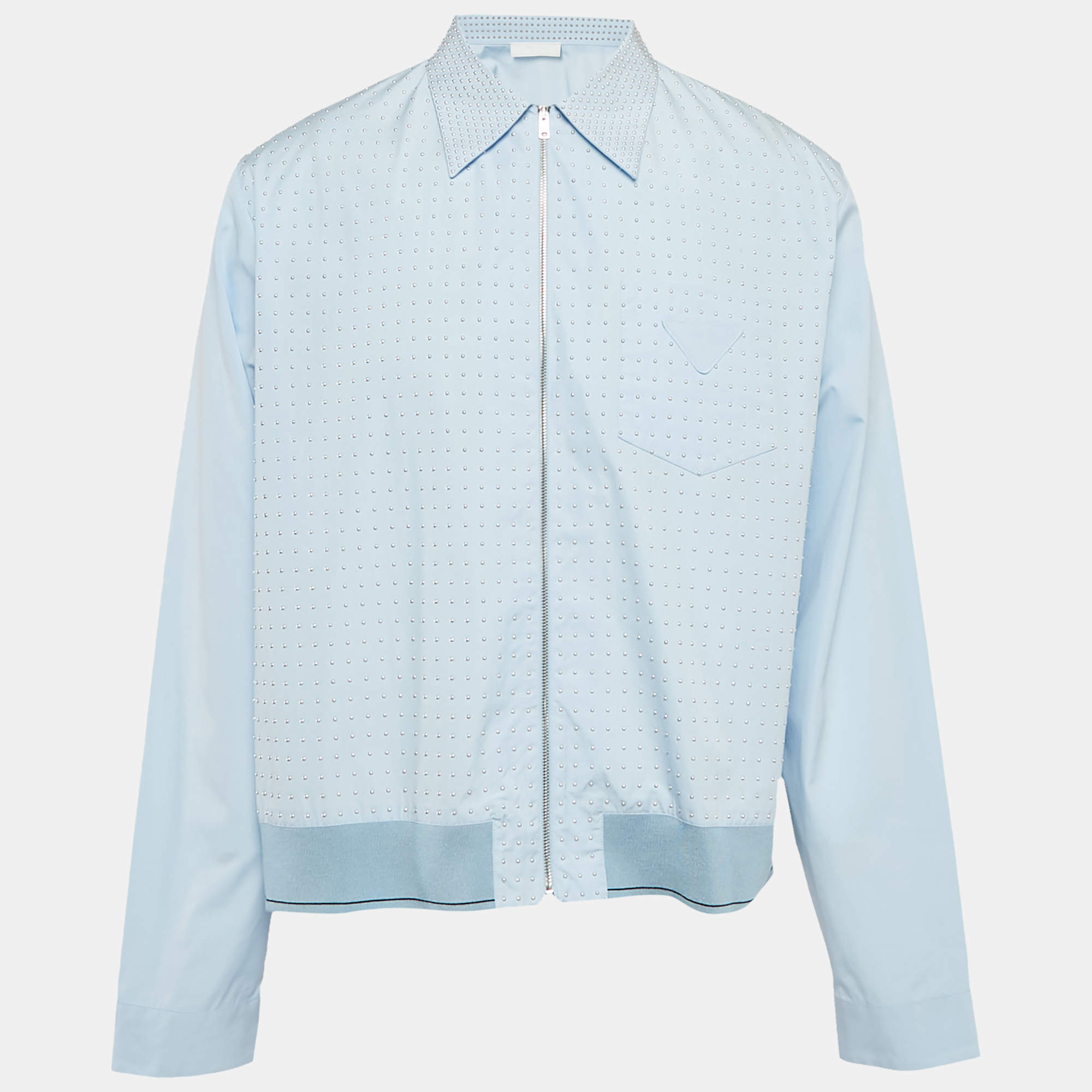 Prada Blue Studded Cotton Zip-Up Shirt XL