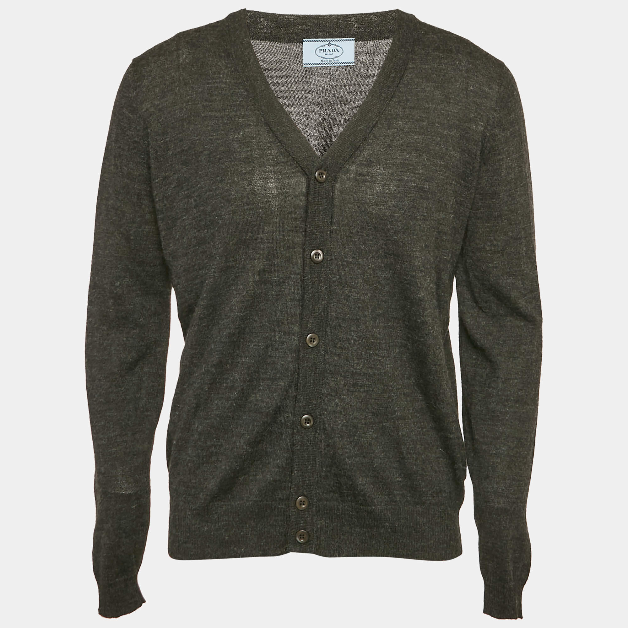 Prada Charcoal Grey Alpaca Wool Button Front Cardigan L 