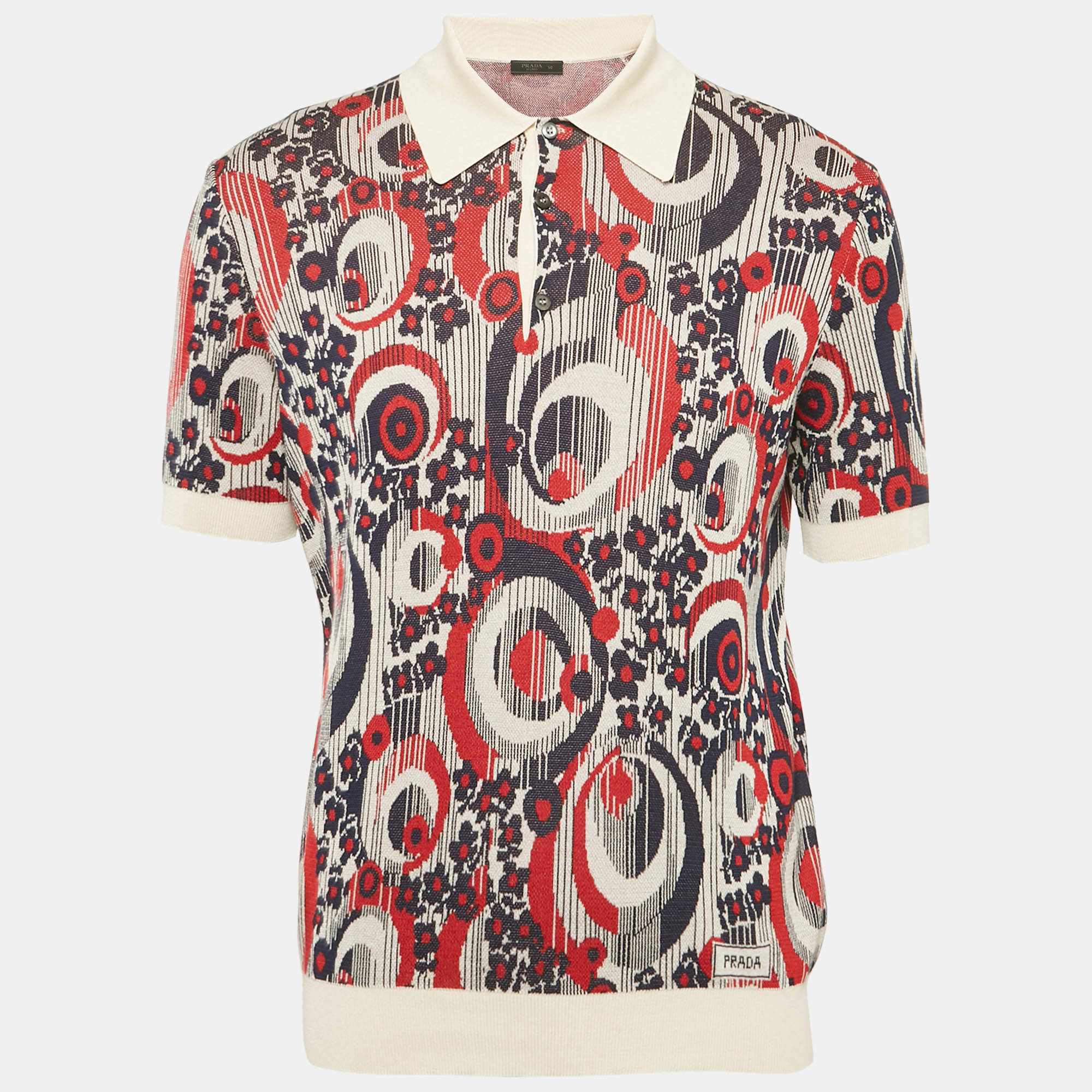 Prada Multicolor Cotton and Silk Jacquard Knit Polo T-Shirt L