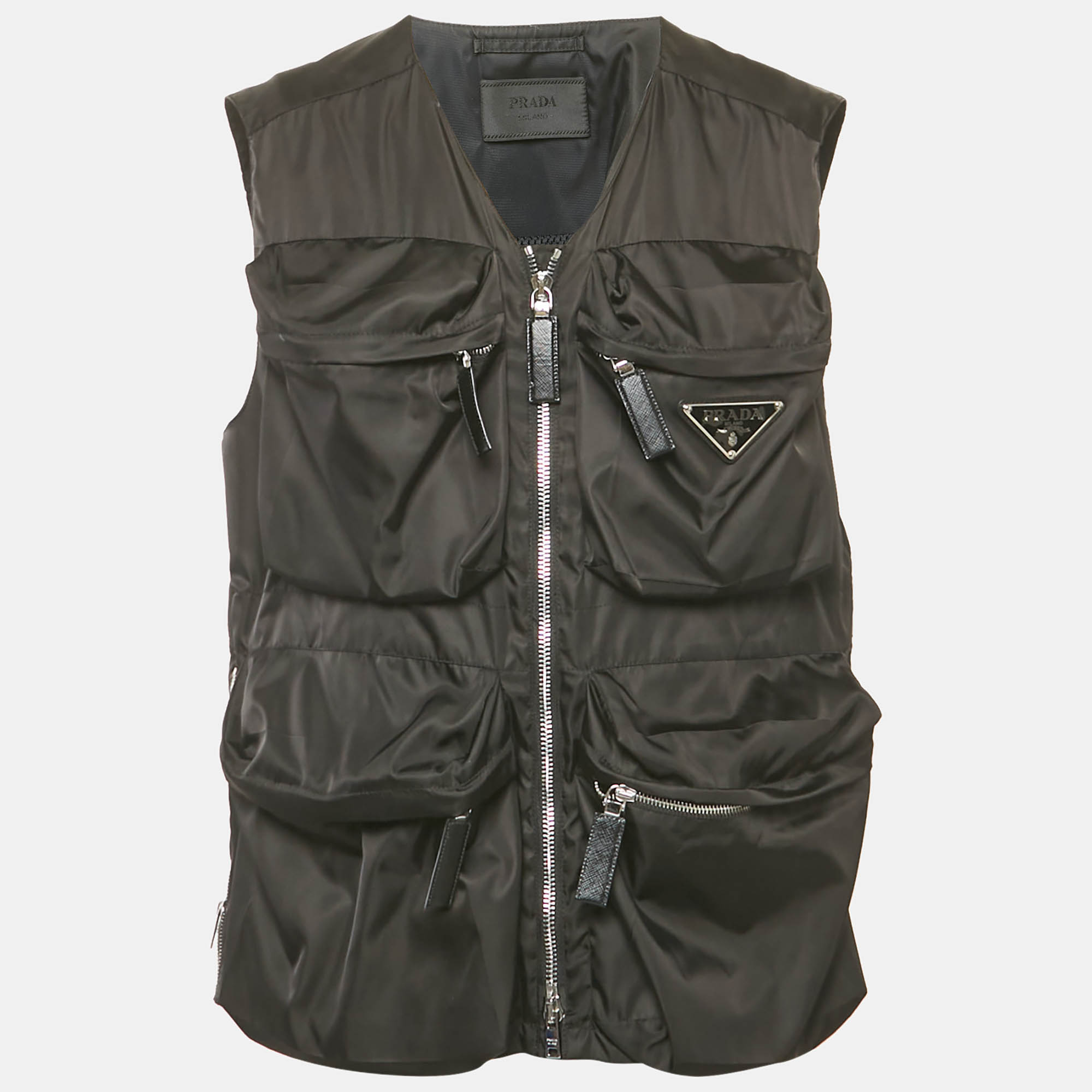 Pre Owned Prada Black Re-Nylon Tringale Logo Plaque Vest L