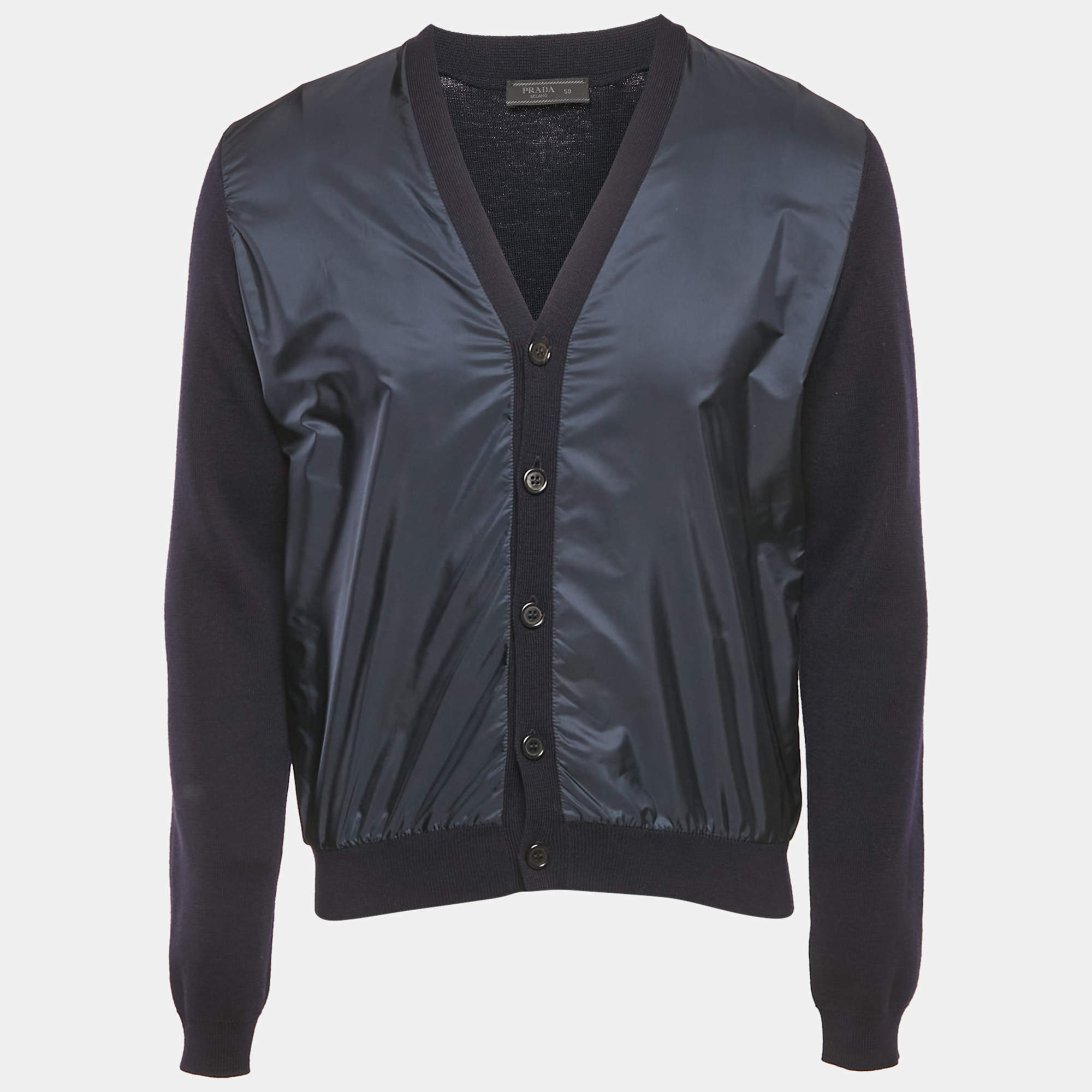 مملوكة مسبقًا Prada Navy Blue Wool & Nylon Paneled Cardigan L
