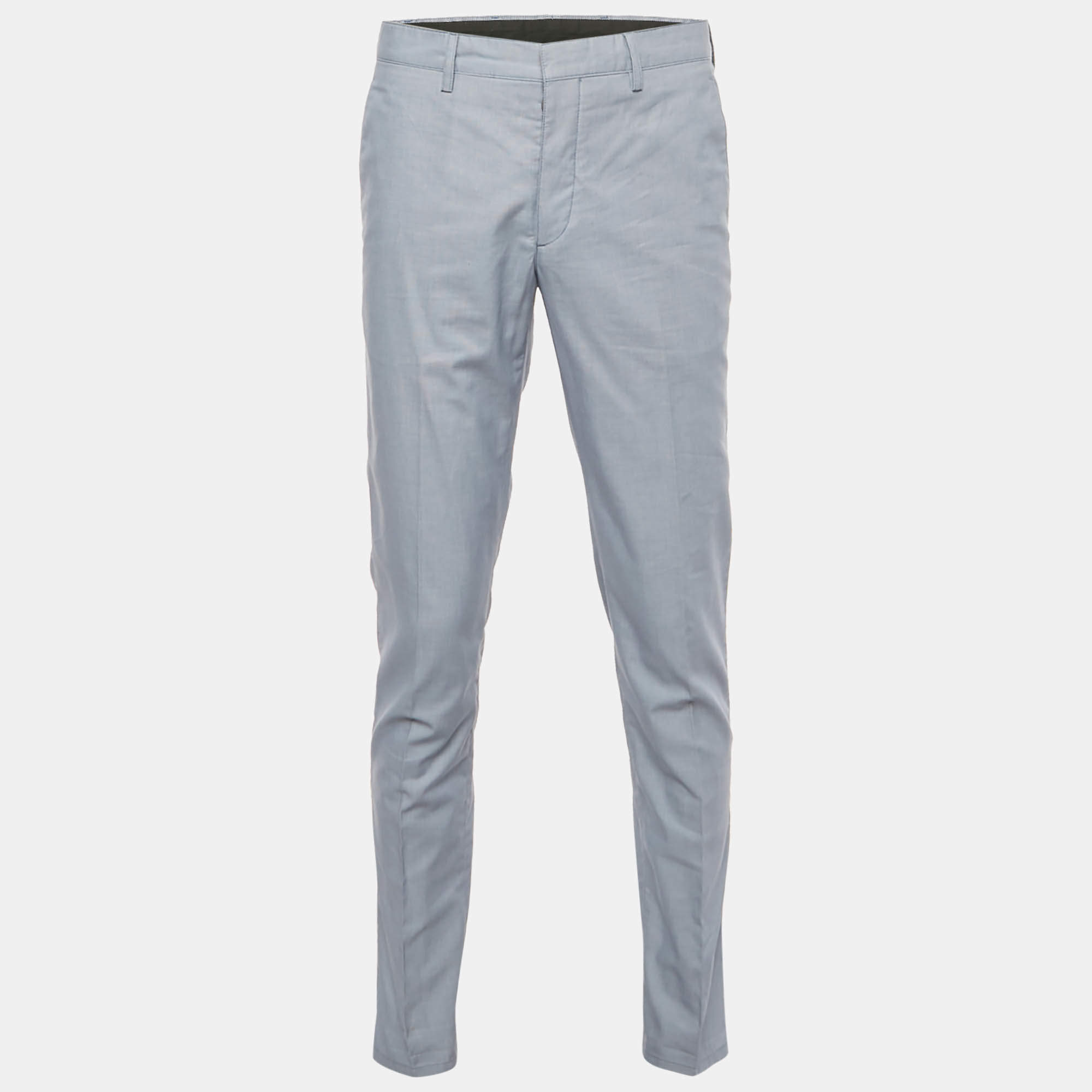 Pre Owned Prada Blue Patterned Cotton Trousers L