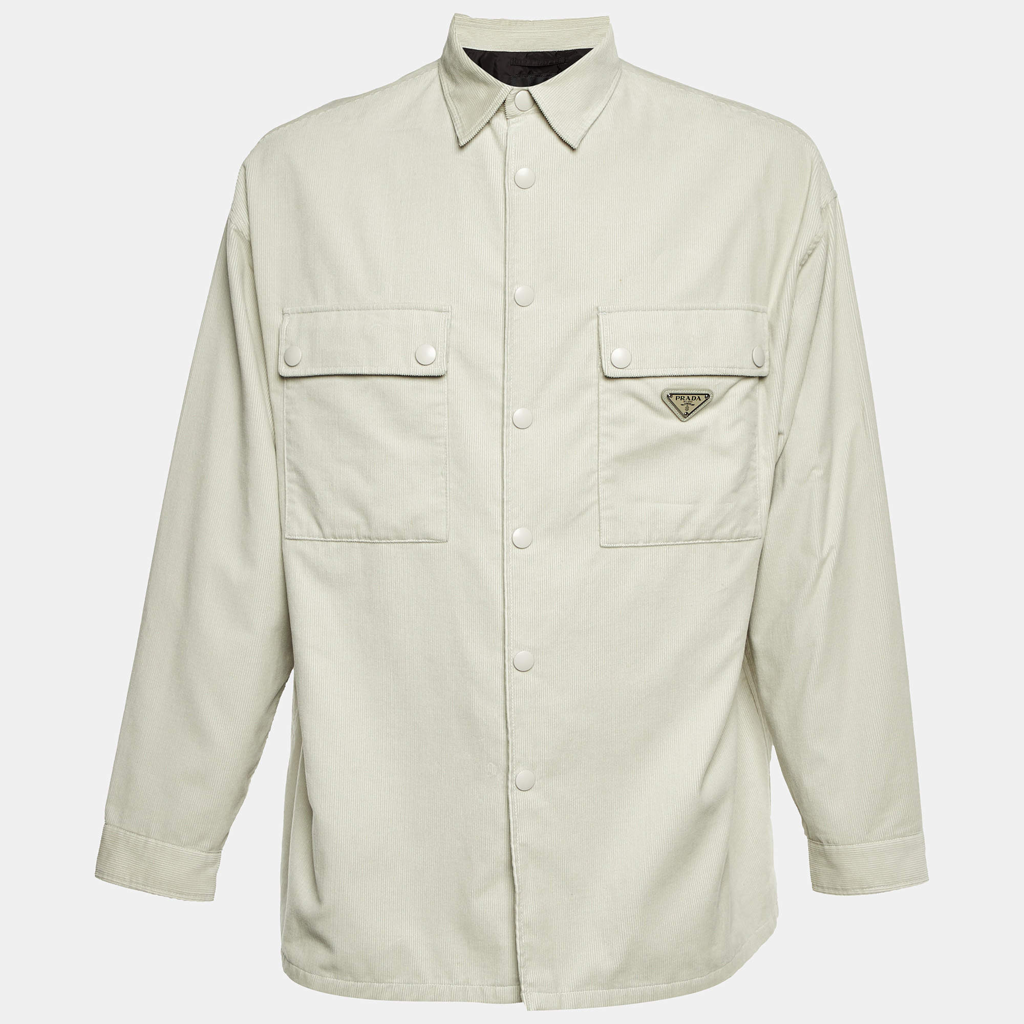Pre Owned Prada Cream Corduroy Triangle Logo Pinwale Shirt M