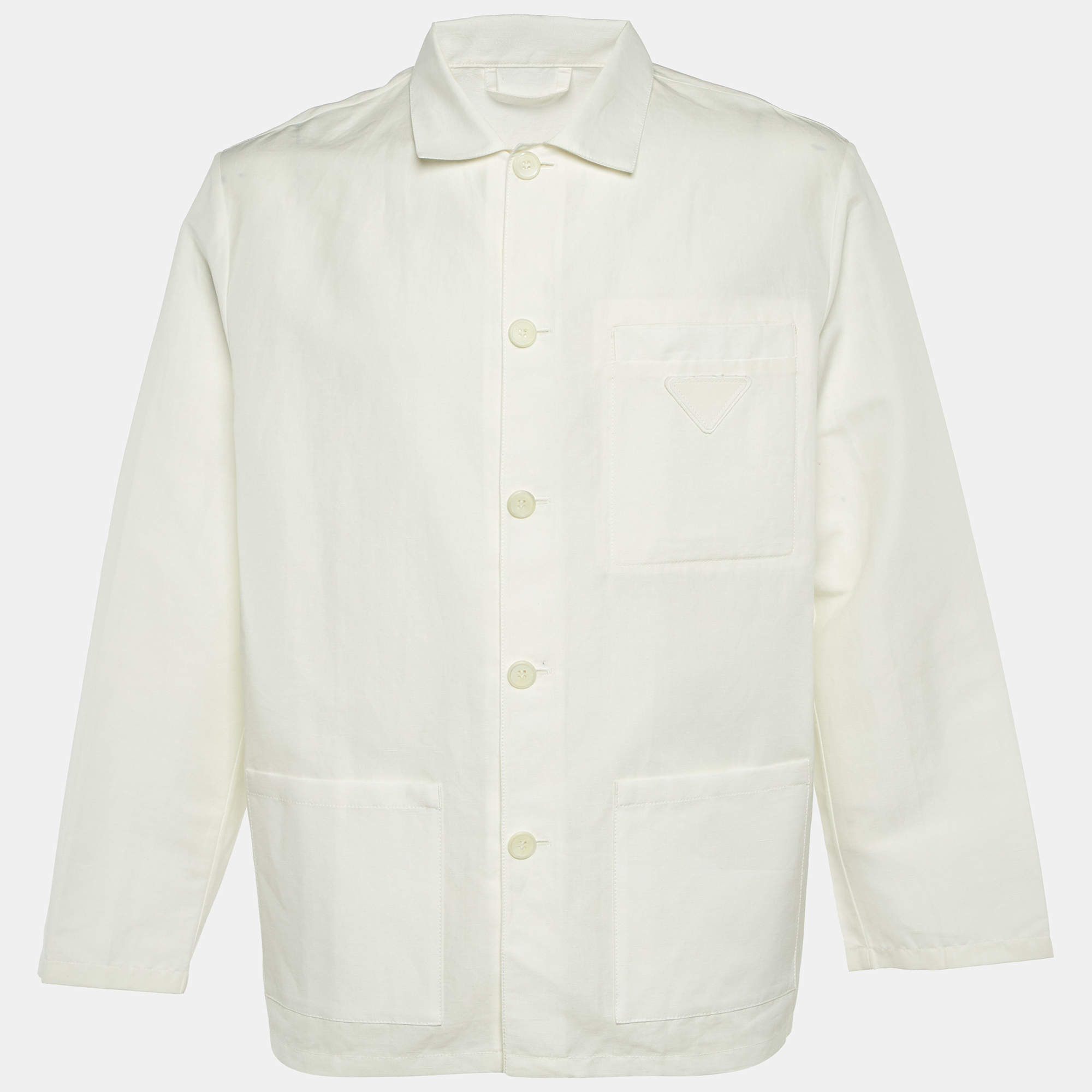 مملوكة مسبقًا قميص برادا أبيض كتّان وقطن أزرار أمامية فضفاض مقاس كبير جدا