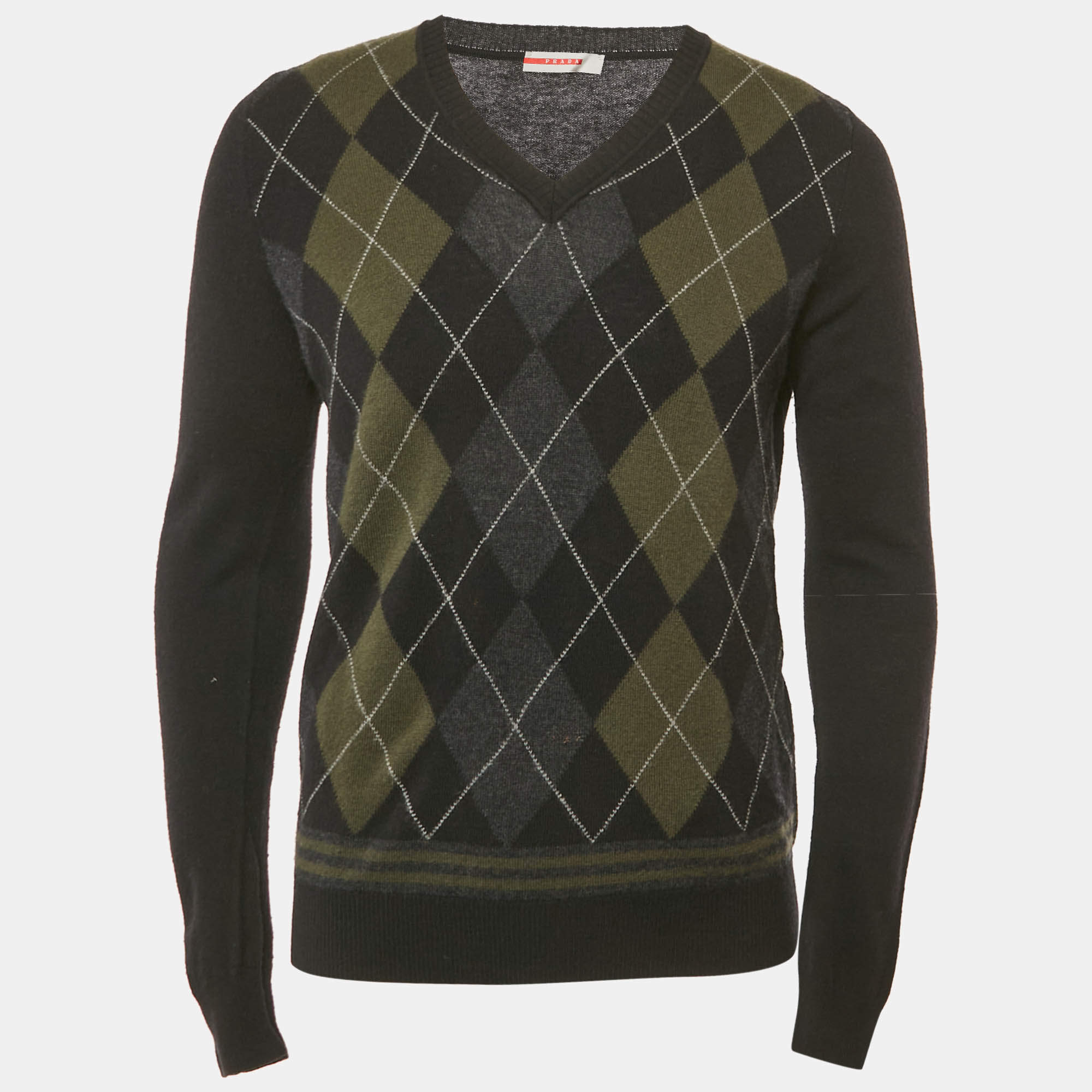 Pre Owned Prada Black Argyle Wool V-Neck Long Sleeve Sweater XL