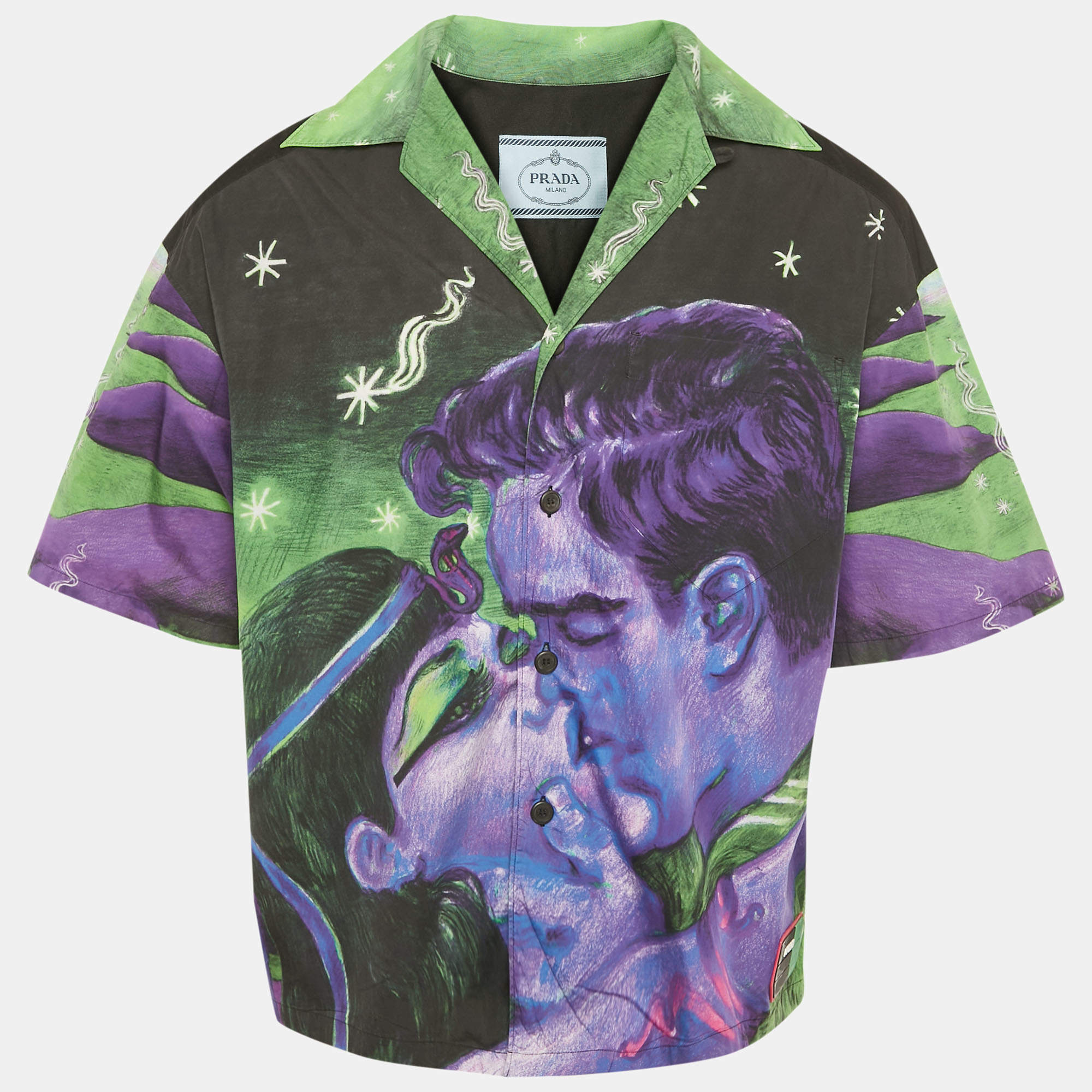 Pre Owned Prada Black/Multicolor Impossible True Love Print Cotton Bowling Shirt M