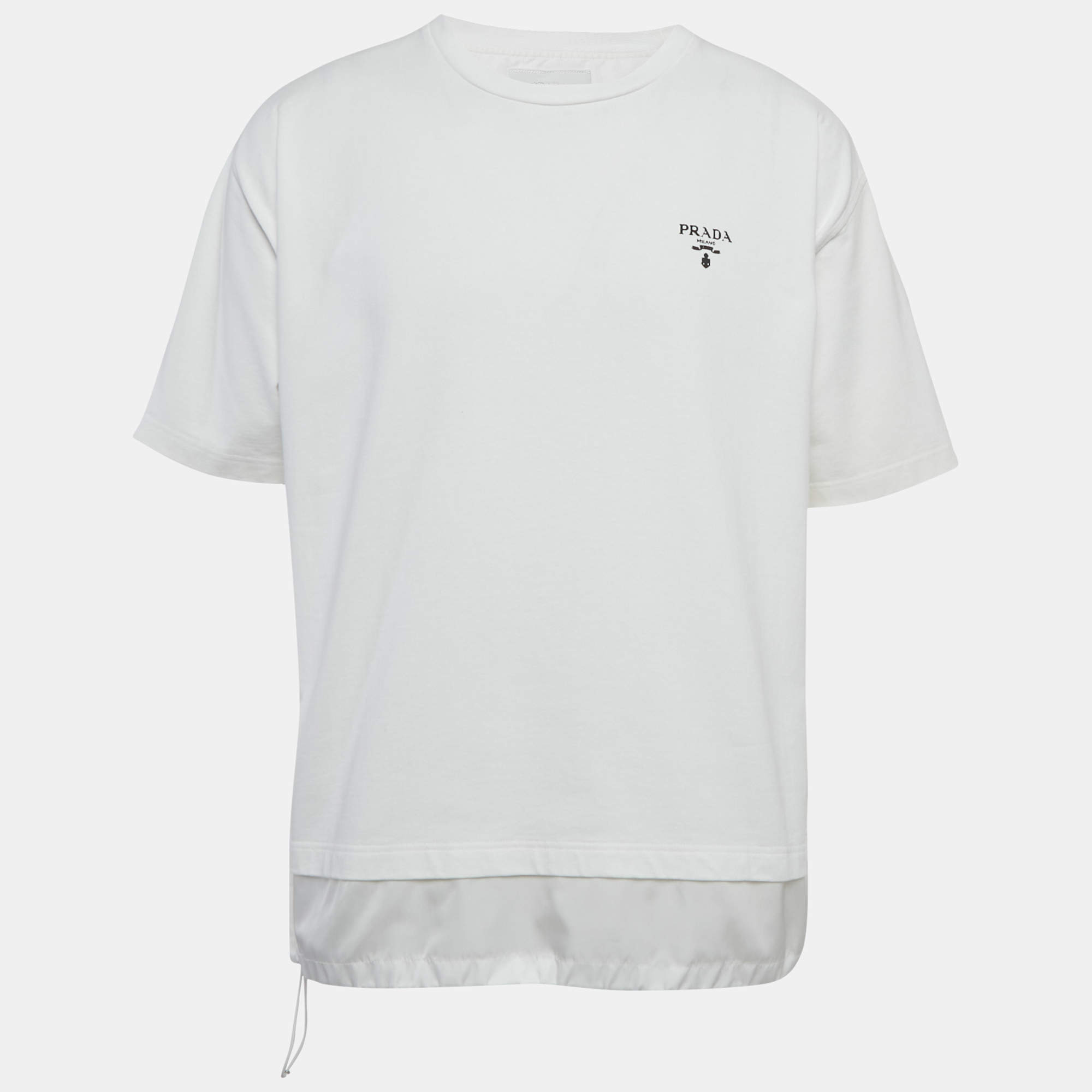 Pre Owned Prada White Logo Print Nylon Trim Jersey T-Shirt XL