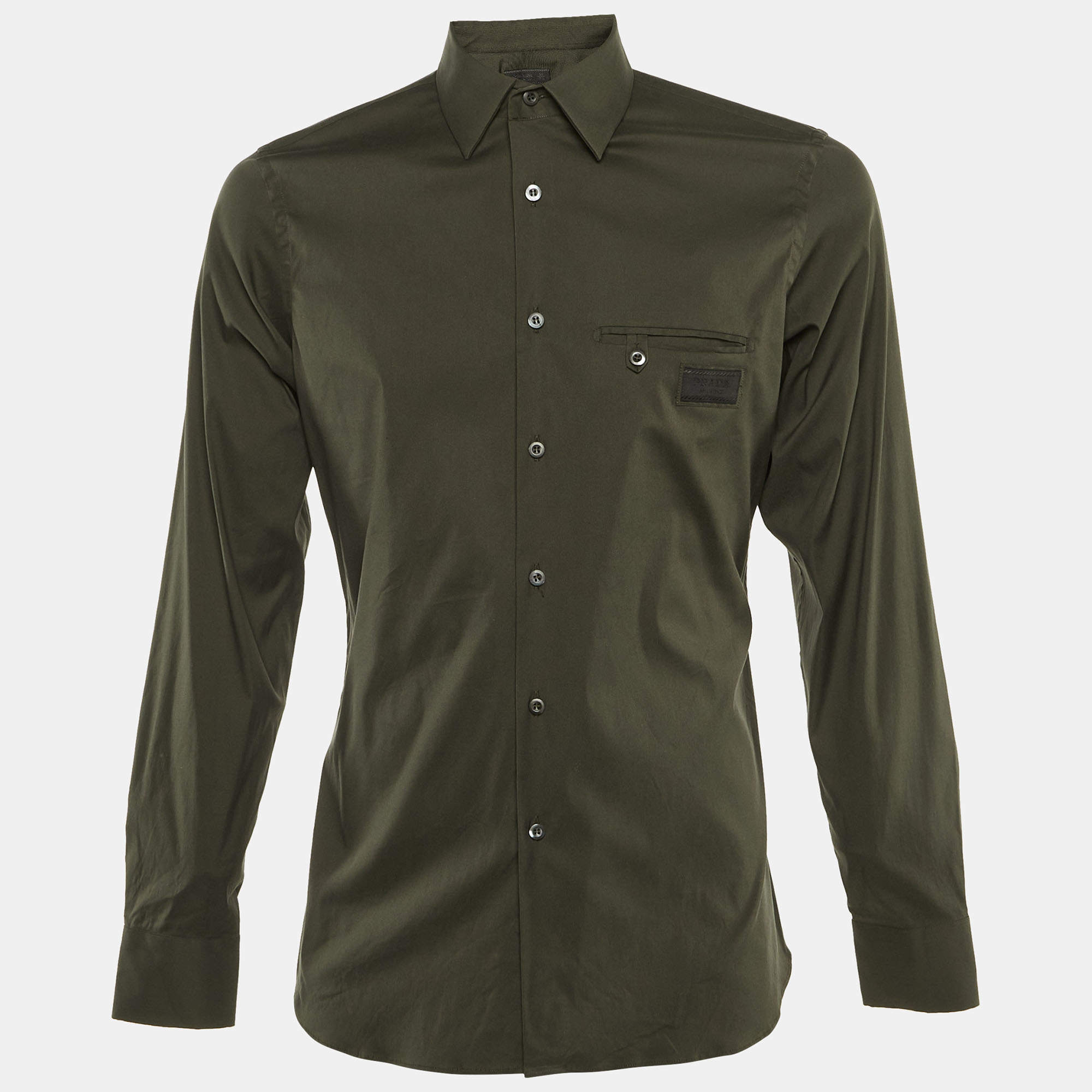 Pre Owned Prada Olive Green Cotton Blend Logo Detail Full Sleeve Shirt M