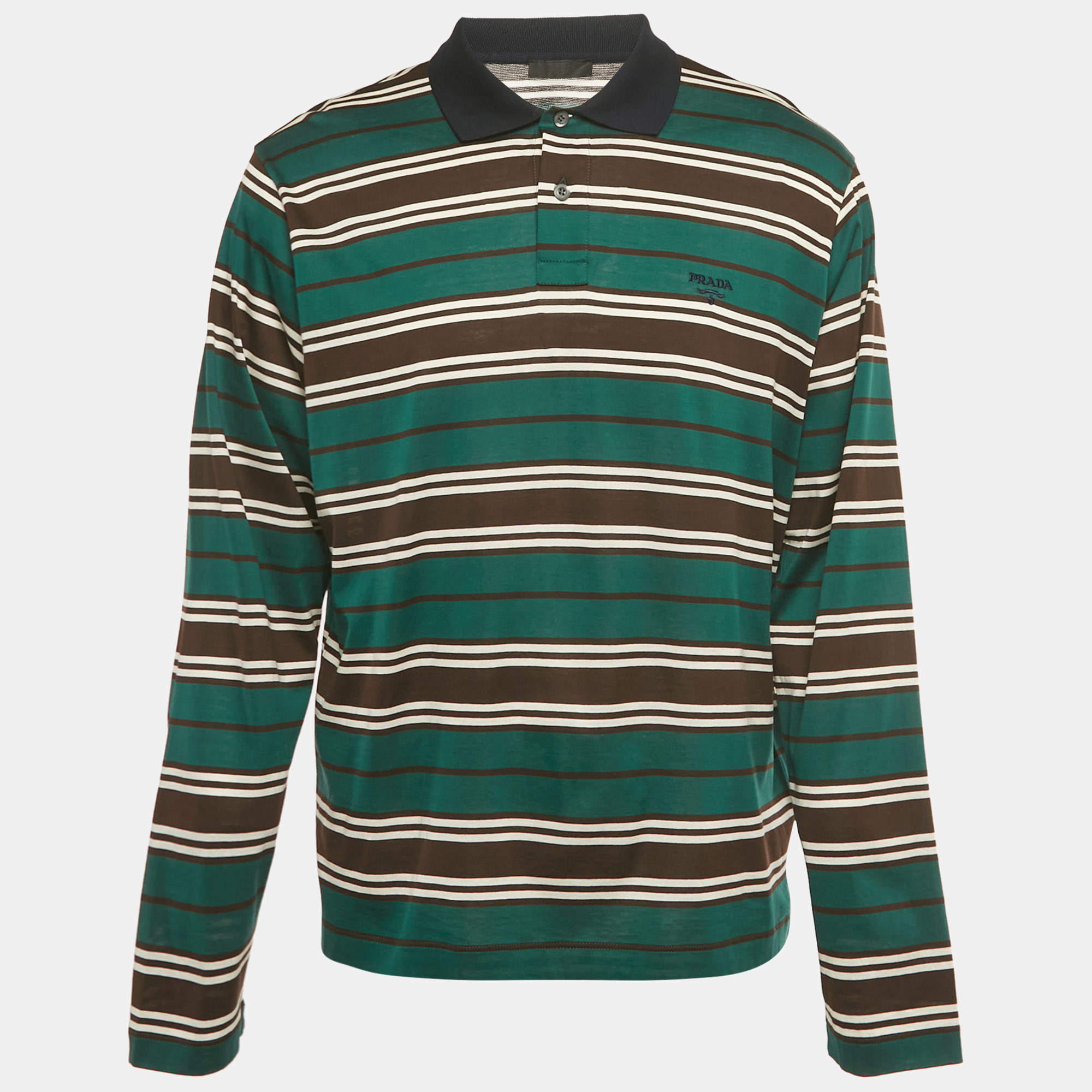 Pre Owned Prada Green Striped Logo Embroidered Cotton Polo Shirt XL