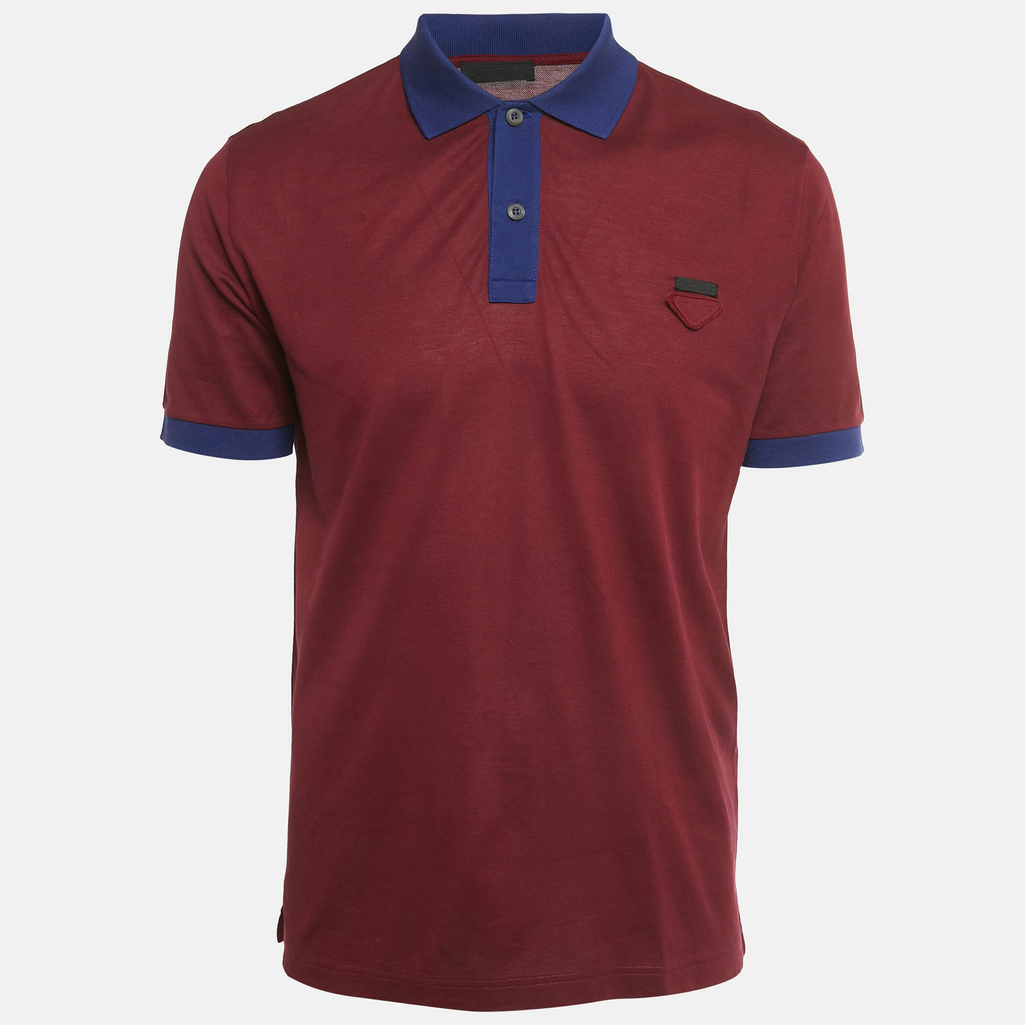 Pre Owned Prada Burgundy & Blue Cotton Triangle Logo Applique Two Tone Polo T-Shirt XXL