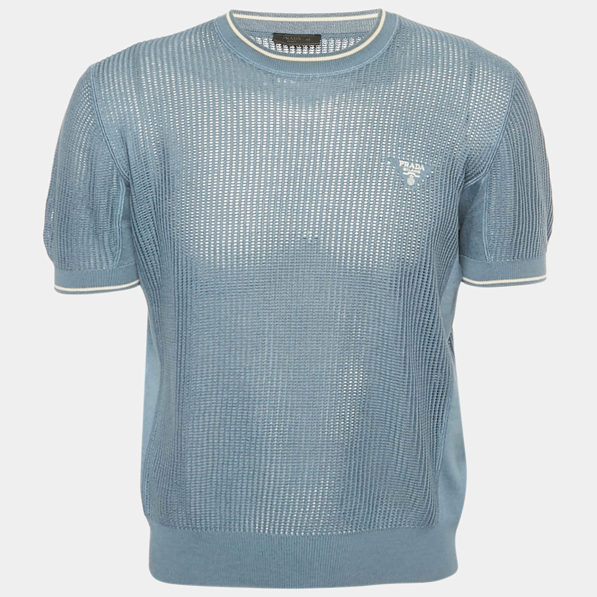 Pre Owned Prada Slate Blue Logo Embroidered Open Knit T-Shirt S