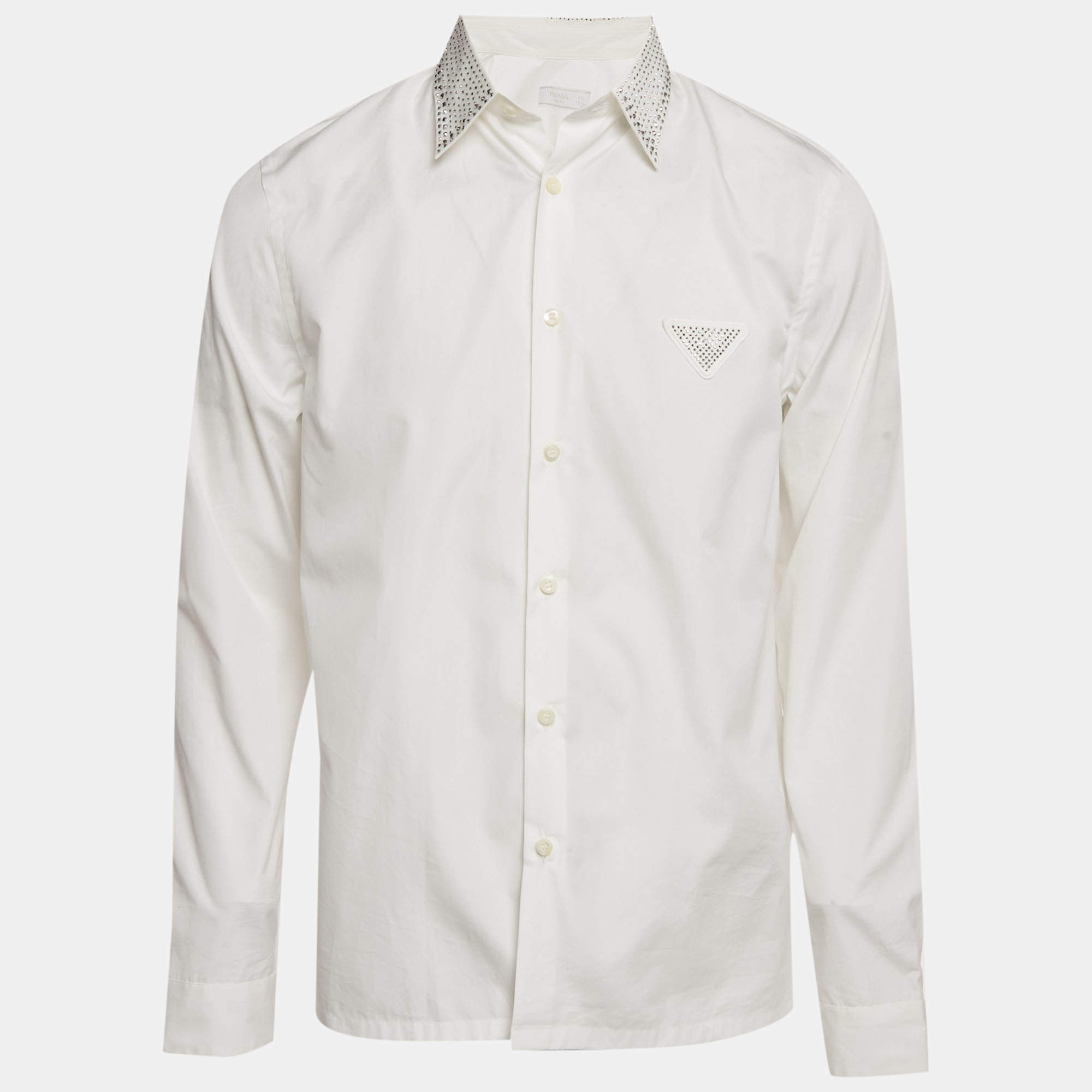 Pre Owned Prada White Rhinestone Detail Cotton Long Sleeve Shirt M