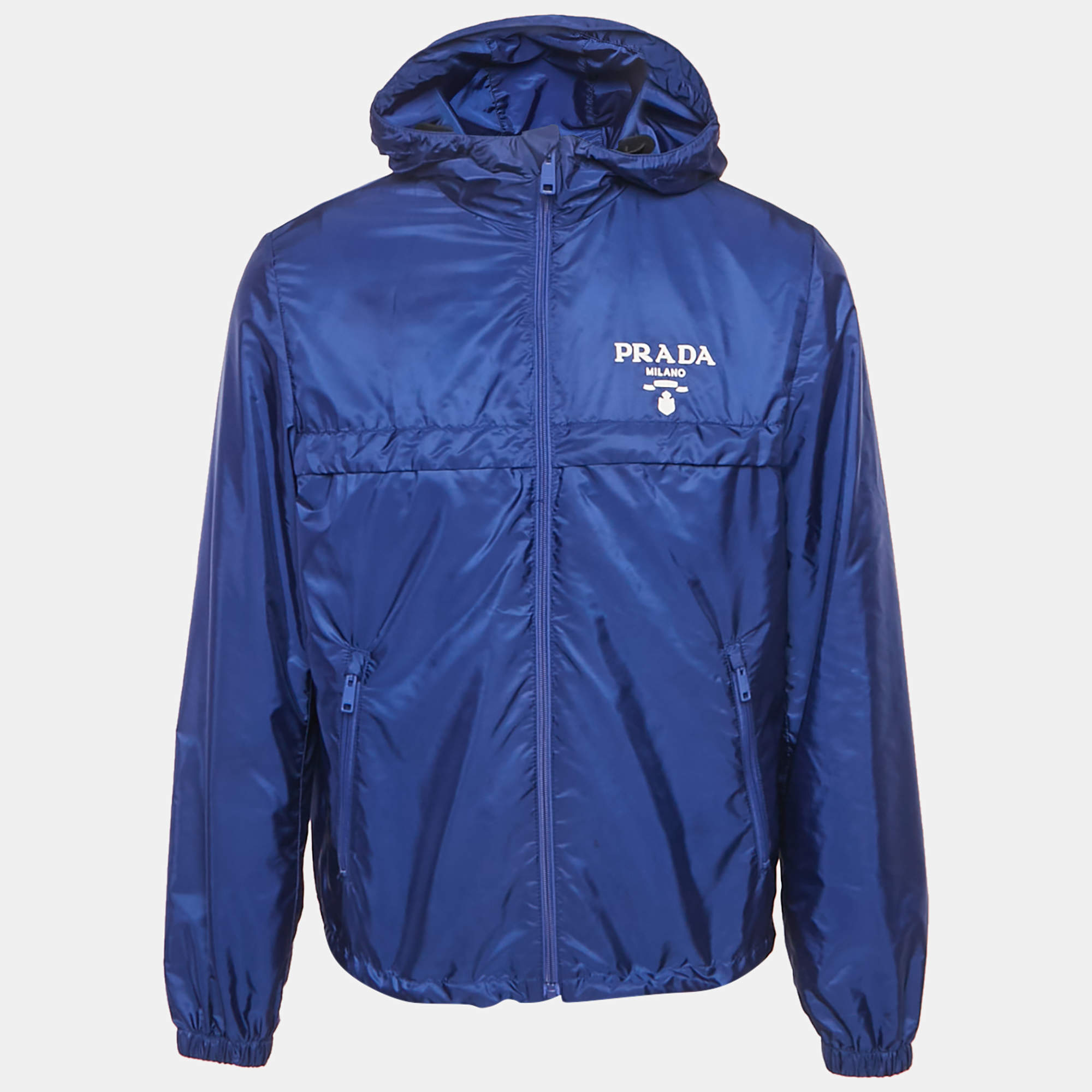 مملوكة مسبقًا Prada Blue Logo Print Re-Nylon Zip-Up Jacket M