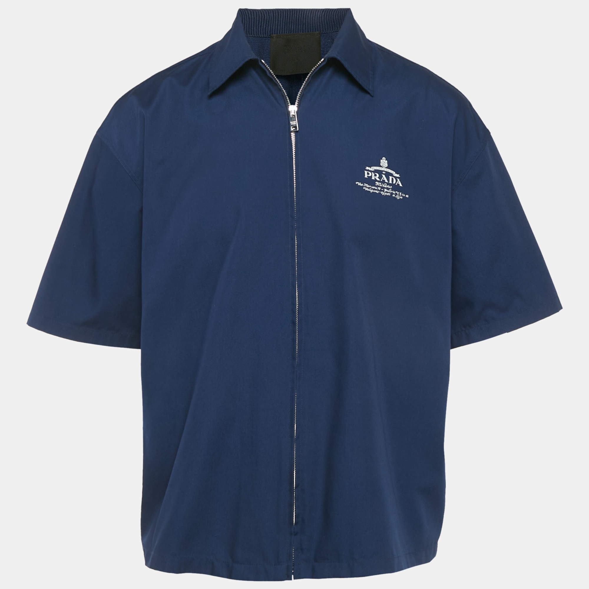 Pre Owned Prada Blue Cotton Logo Print Short Sleeve Zip Shirt S