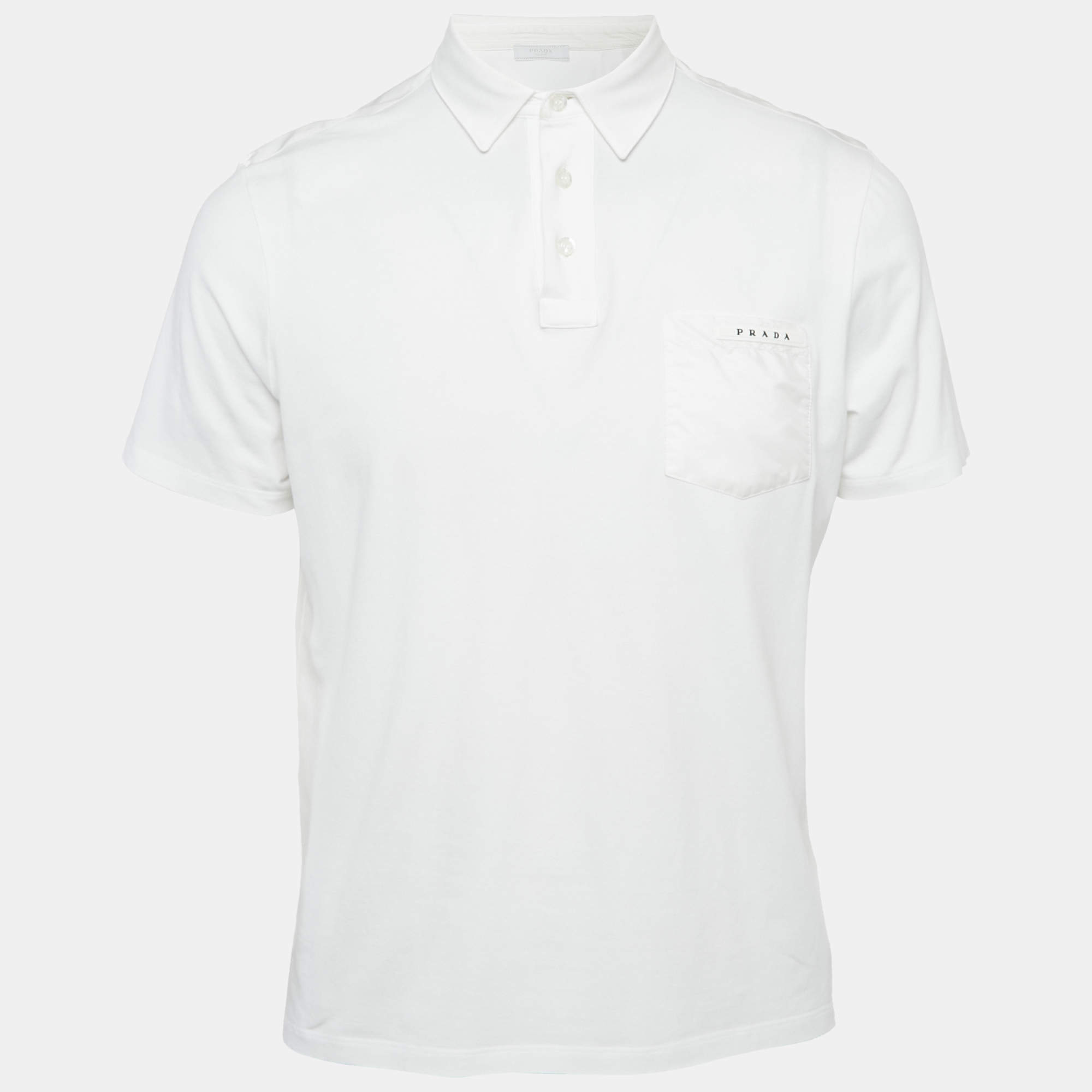 Pre Owned تي شيرت بولو برادا قطني أبيض بتفاصيل الشعار مقاس كبير