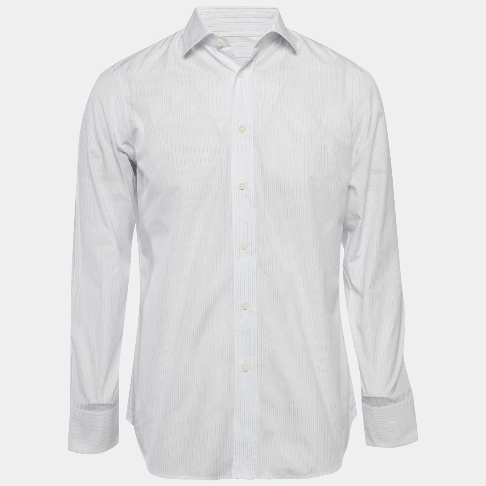 مملوكة مسبقًا Prada White/Blue Pinstriped Poplin Shirt L