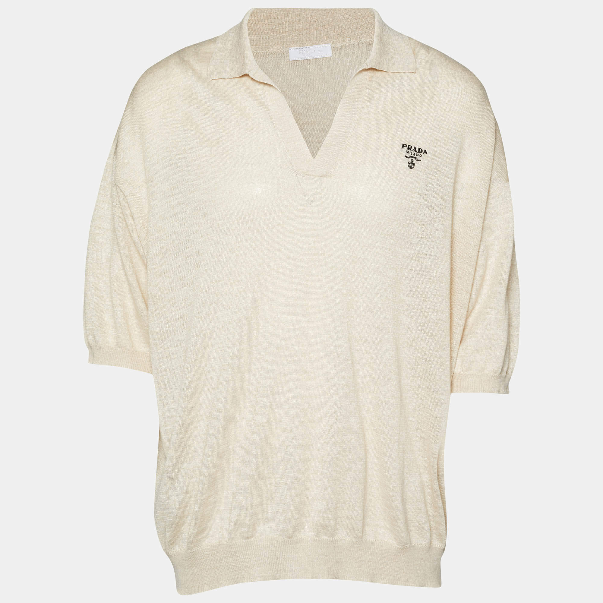 مملوكة مسبقًا Prada Beige Rib Knit Polo T-Shirt 3XL