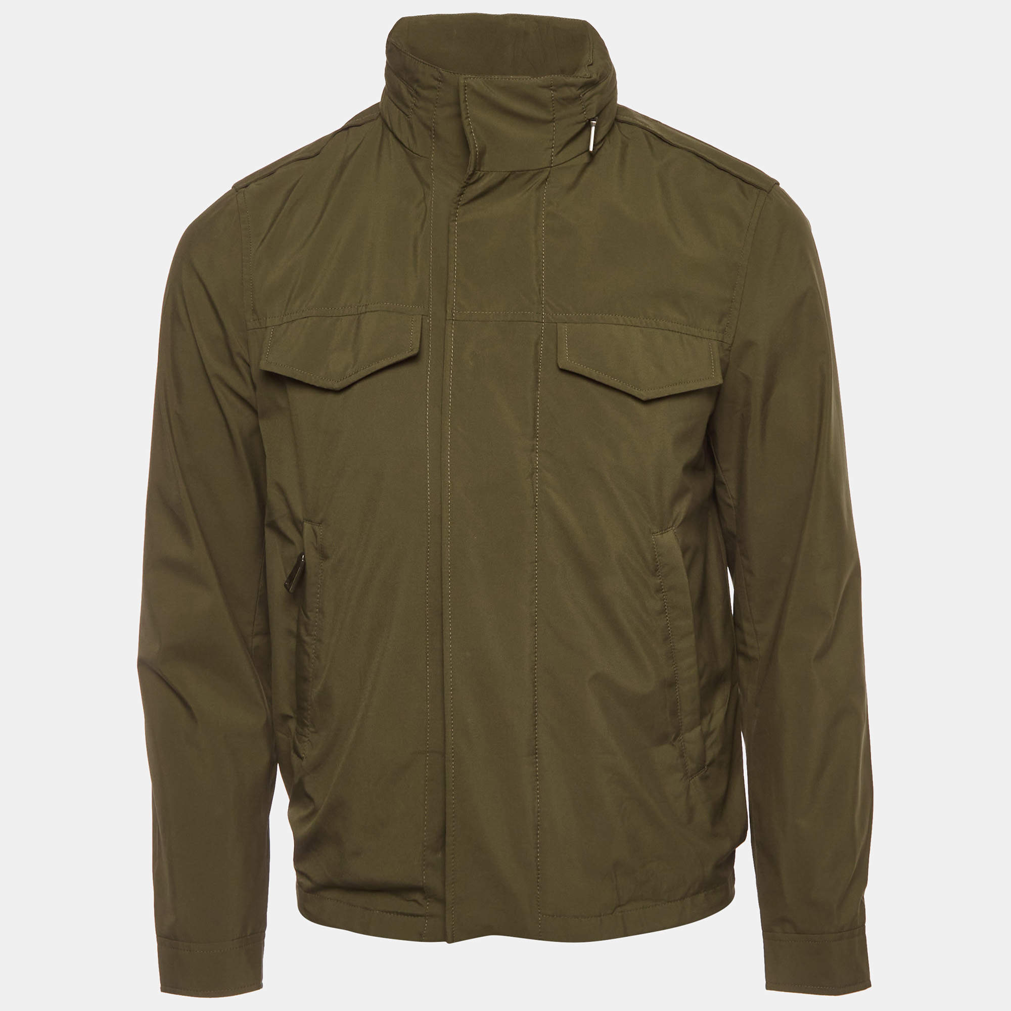 Pre Owned Prada Green Synthetic Military Style Unzippable Hood Jacket S