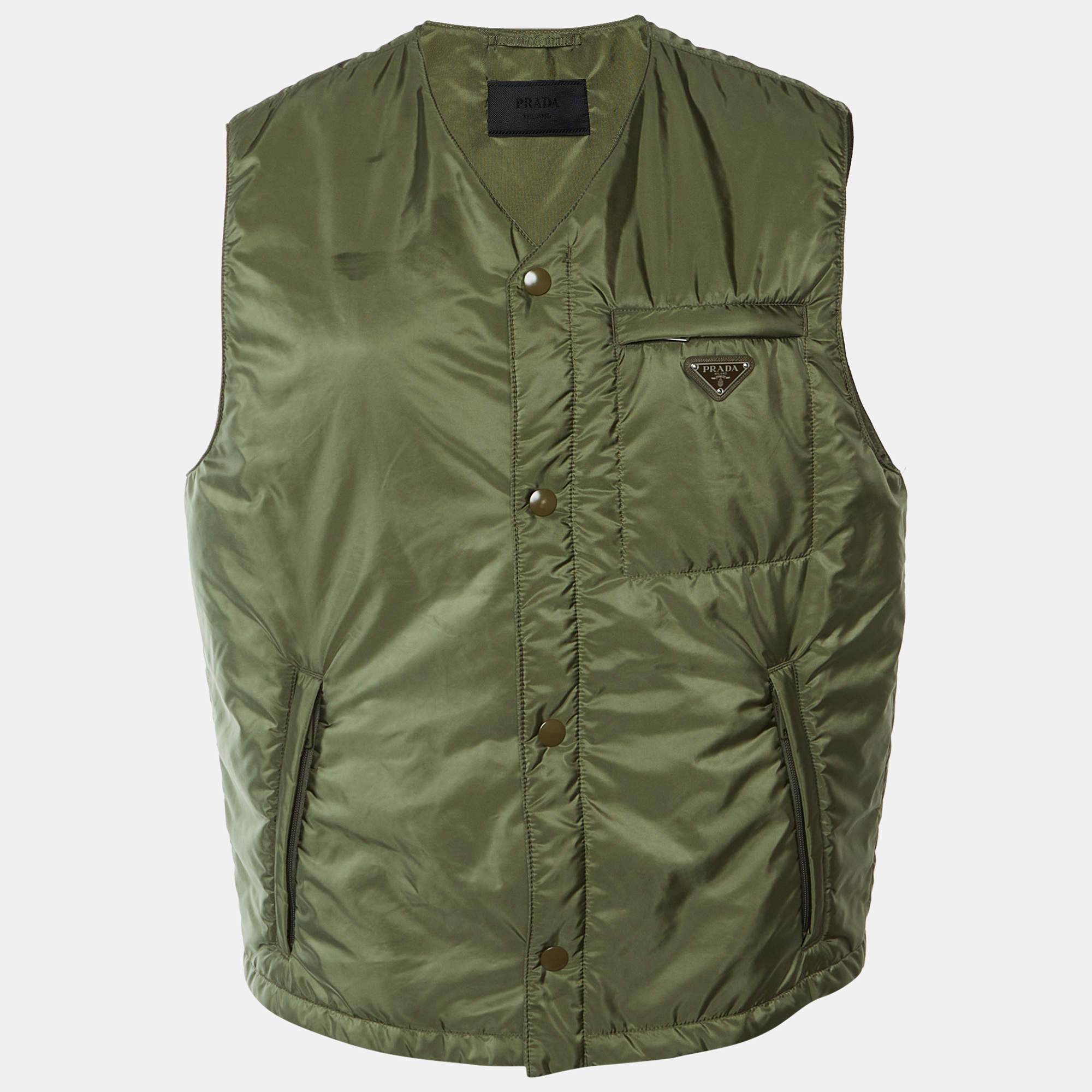 مملوكة مسبقًا Prada Military Green Re-Nylon Button Up Vest XL