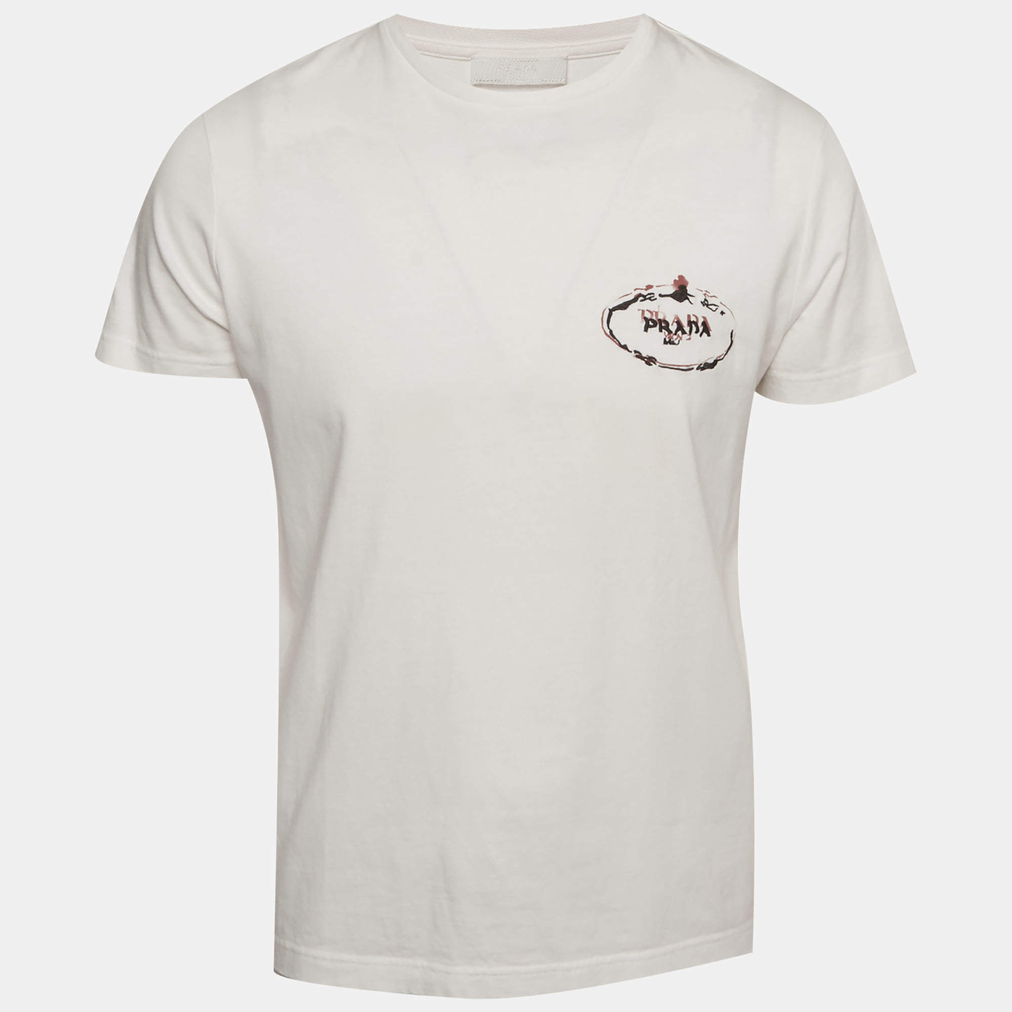 Pre Owned Prada White Logo Embroidered Jersey Knit T-Shirt L