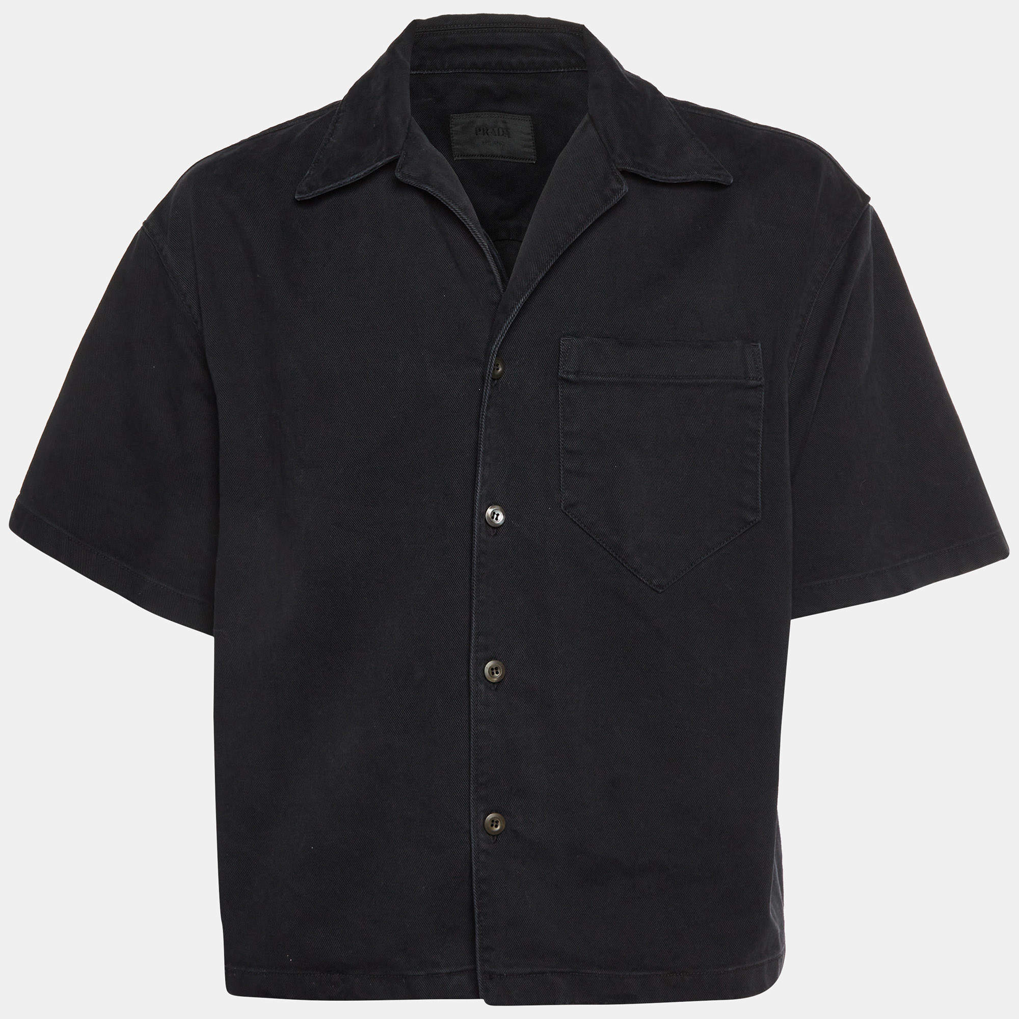 Pre Owned Prada Black Denim Distressed Bowling Shirt L