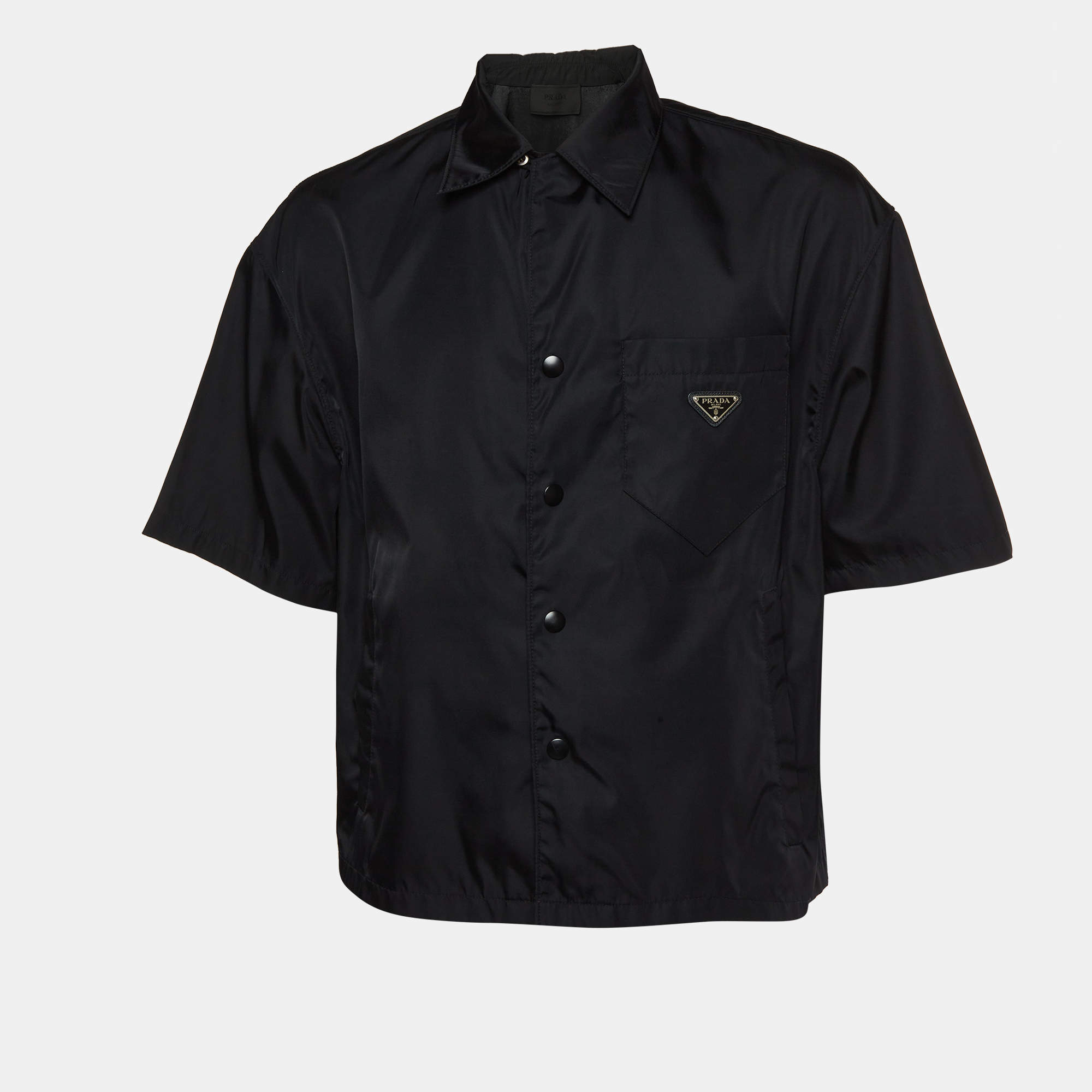 Pre Owned Prada Black Re-Nylon Logo Detail Short Sleeve Shirt L