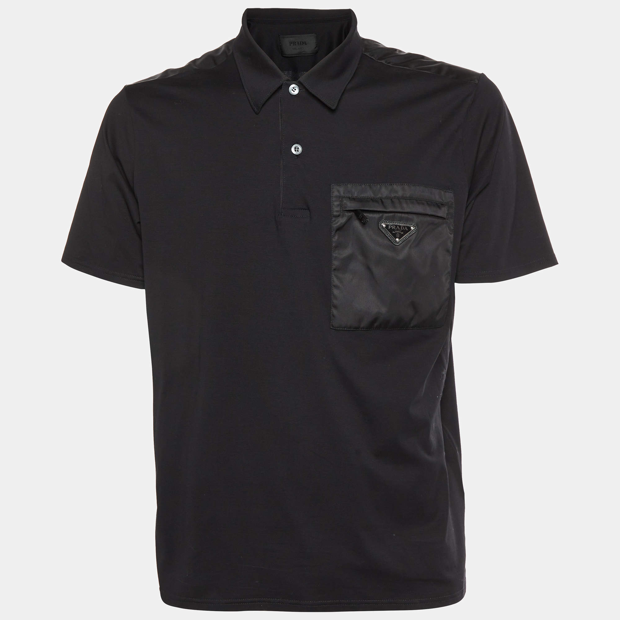 مملوكة مسبقًا Prada Black Stretch Cotton Re-Nylon Detail Pocket Polo T-Shirt XL 
