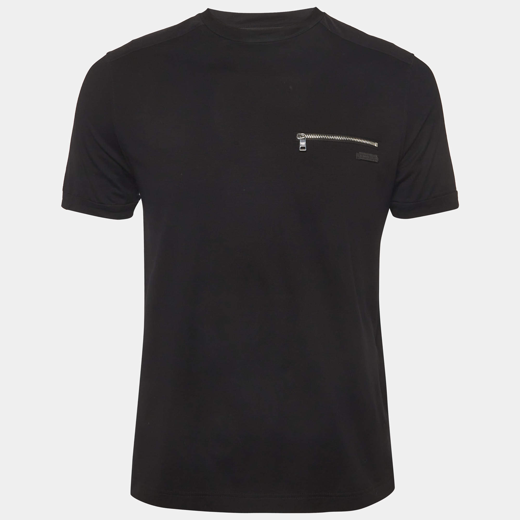 Pre Owned Prada Black Cotton and Re-Nylon Paneled Pocket T-Shirt M