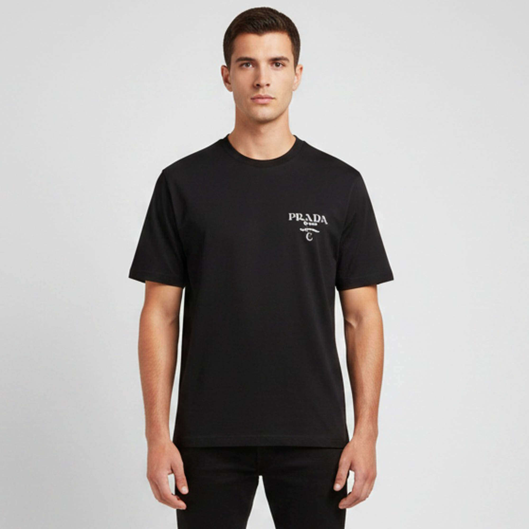 Pre Owned Prada Black Logo Embossed Jersey Crew Neck T-Shirt S