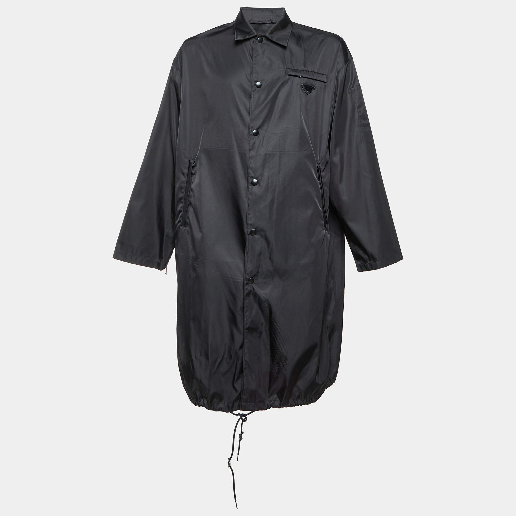 Pre Owned Prada Black Logo Detail Nylon Mid-Length Trench Coat XL