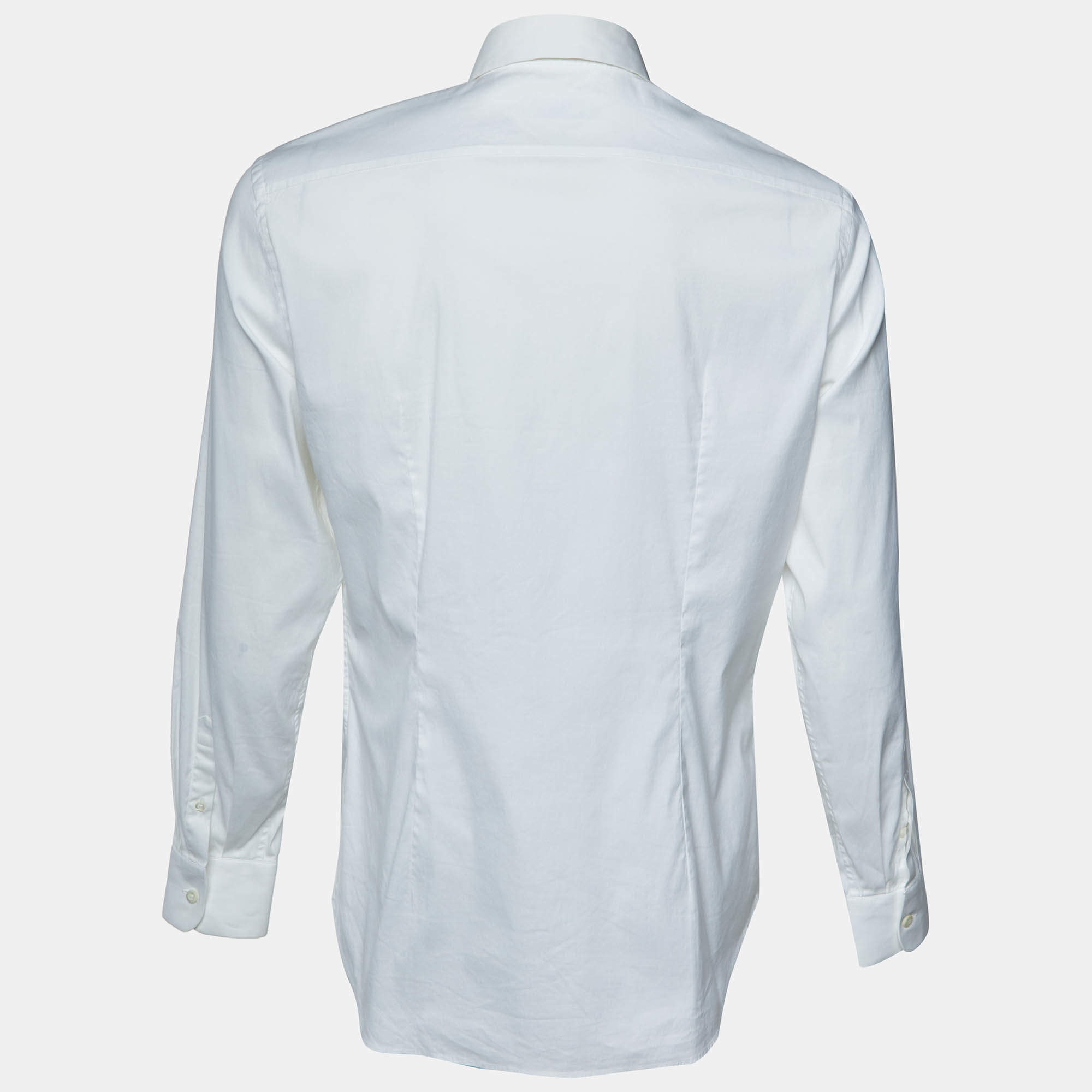 トップス 90s prada stretch dress shirt (38) white Prada White Stretch Cotton Zip-Up Short Sleeve Shirt L Prada | TLC