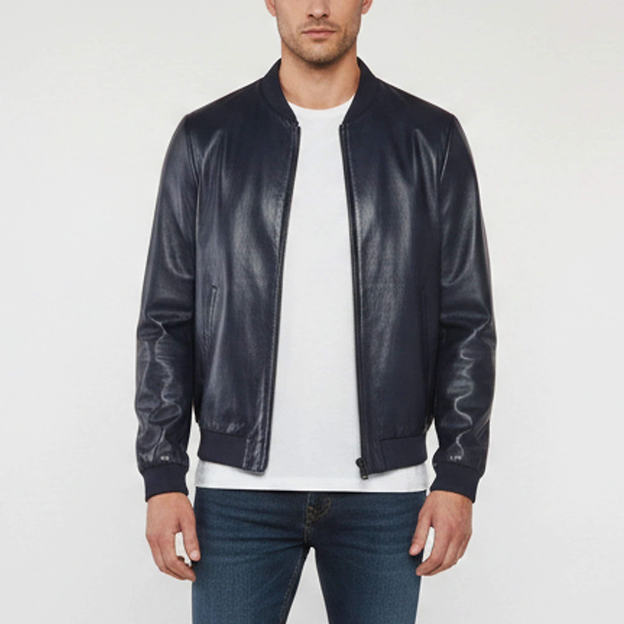 Pre Owned Prada Navy Blue Leather Reversible Zip Up Bomber Jacket L