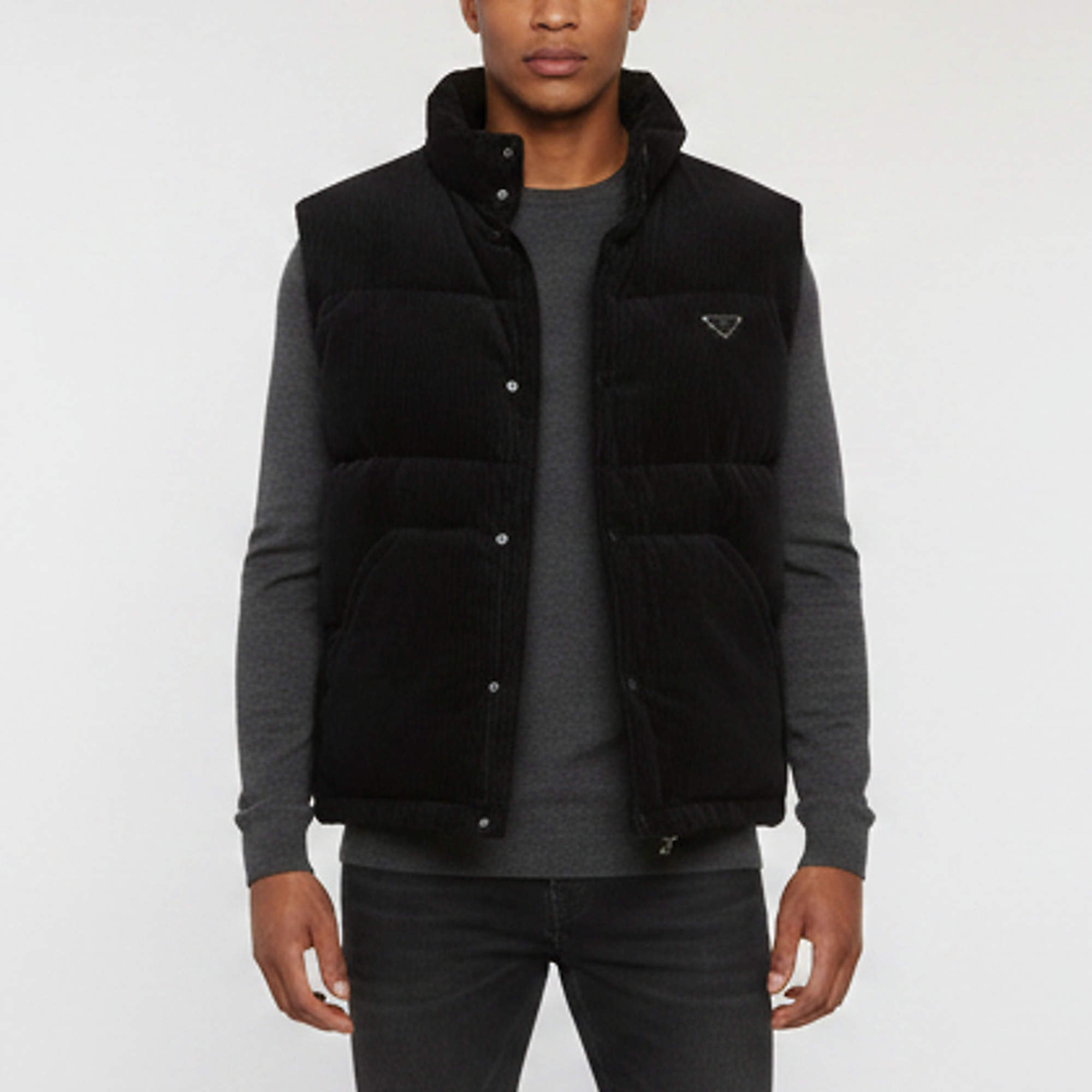Pre Owned Prada Black Corduroy Hooded Down Puffer Vest XL