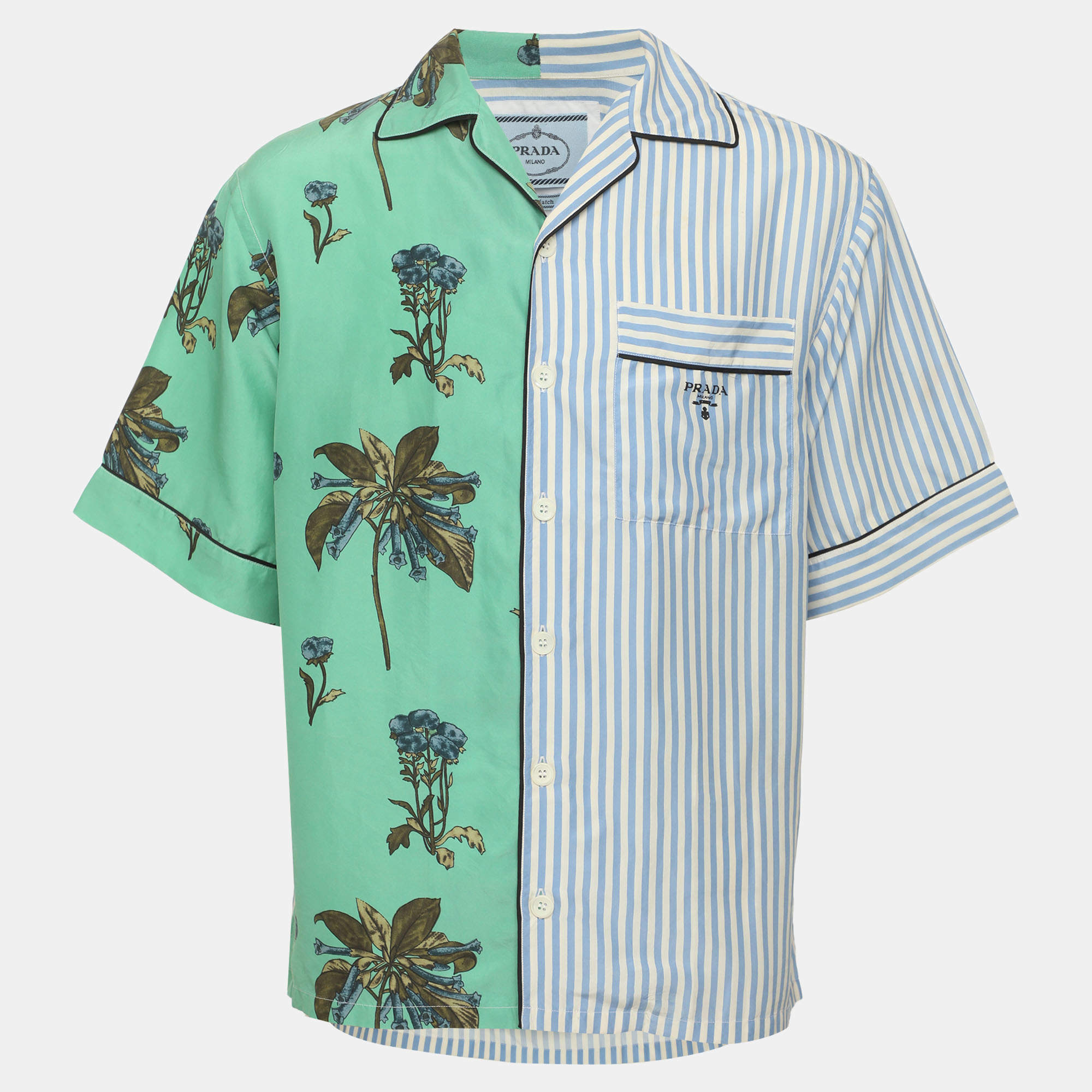 Pre Owned Prada Green/Blue Stripe Campanula Printed Poplin Double Match Split Bowling Shirt S