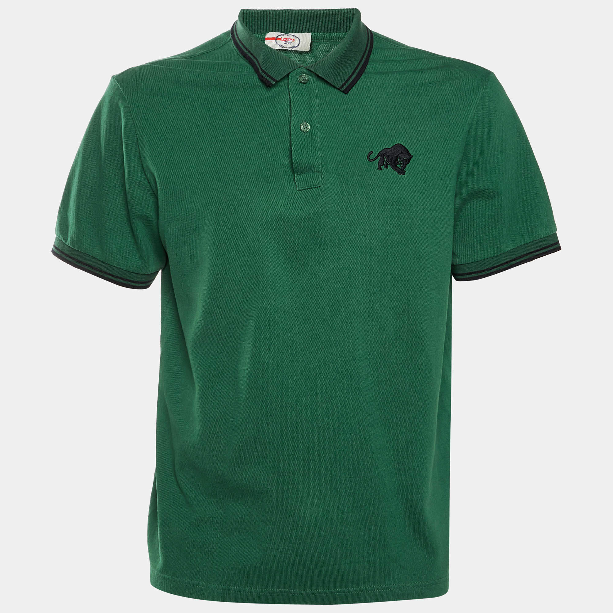 Pre Owned Prada Sport Green Panther Embroidered Cotton Pique Polo T-Shirt XXL