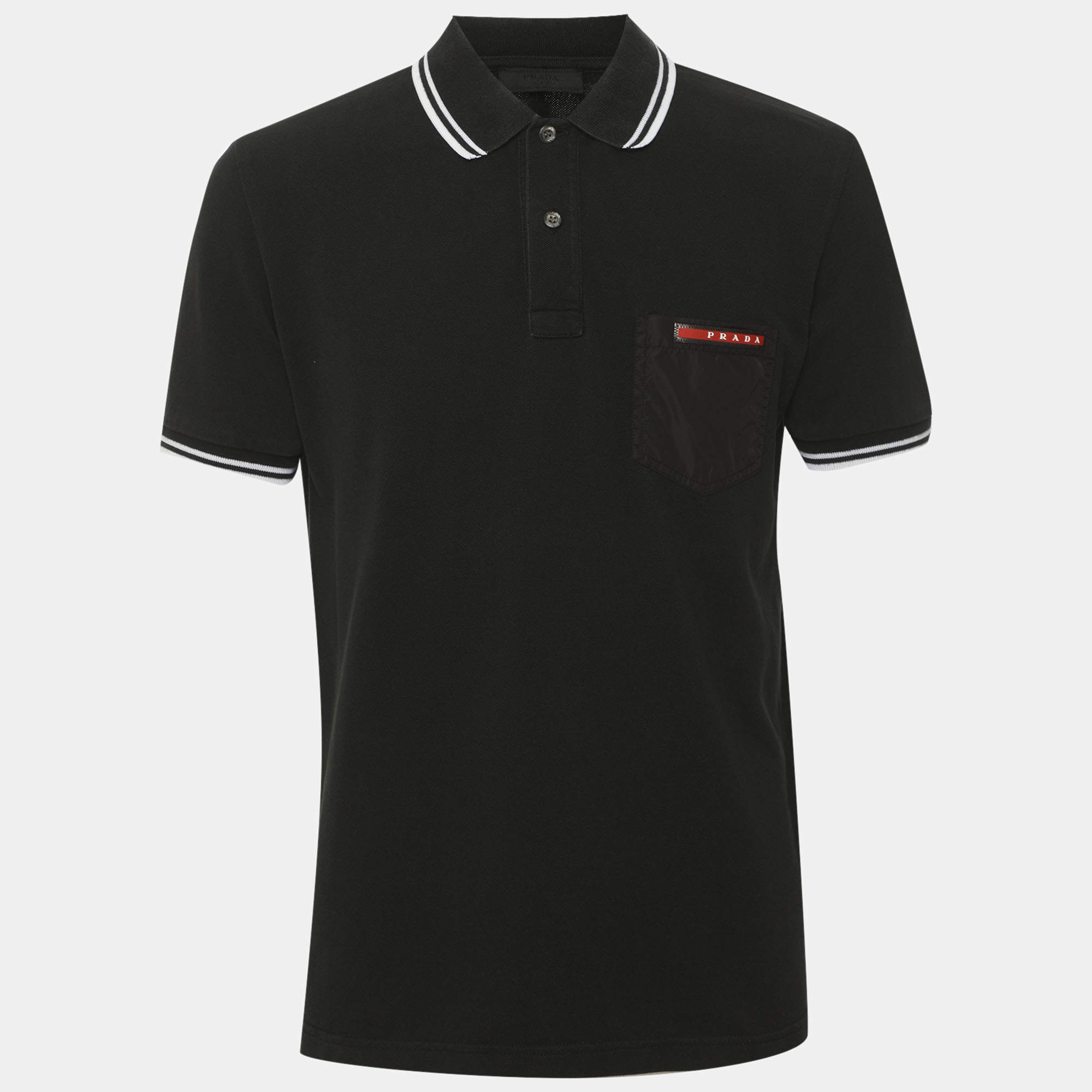 Pre Owned Prada Black Cotton Pique Striped Trim Detail Polo T-Shirt M
