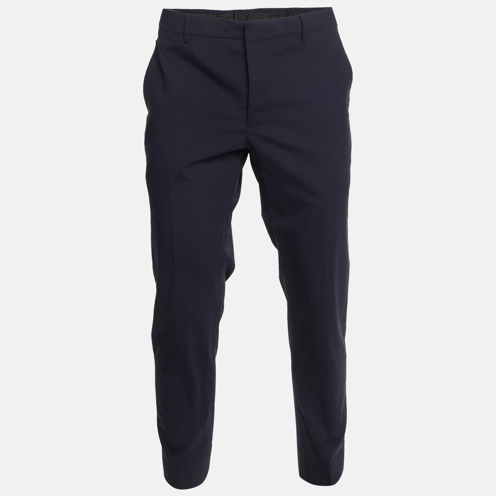 Pre Owned Prada Navy Blue Wool Blend Straight Leg Trousers L