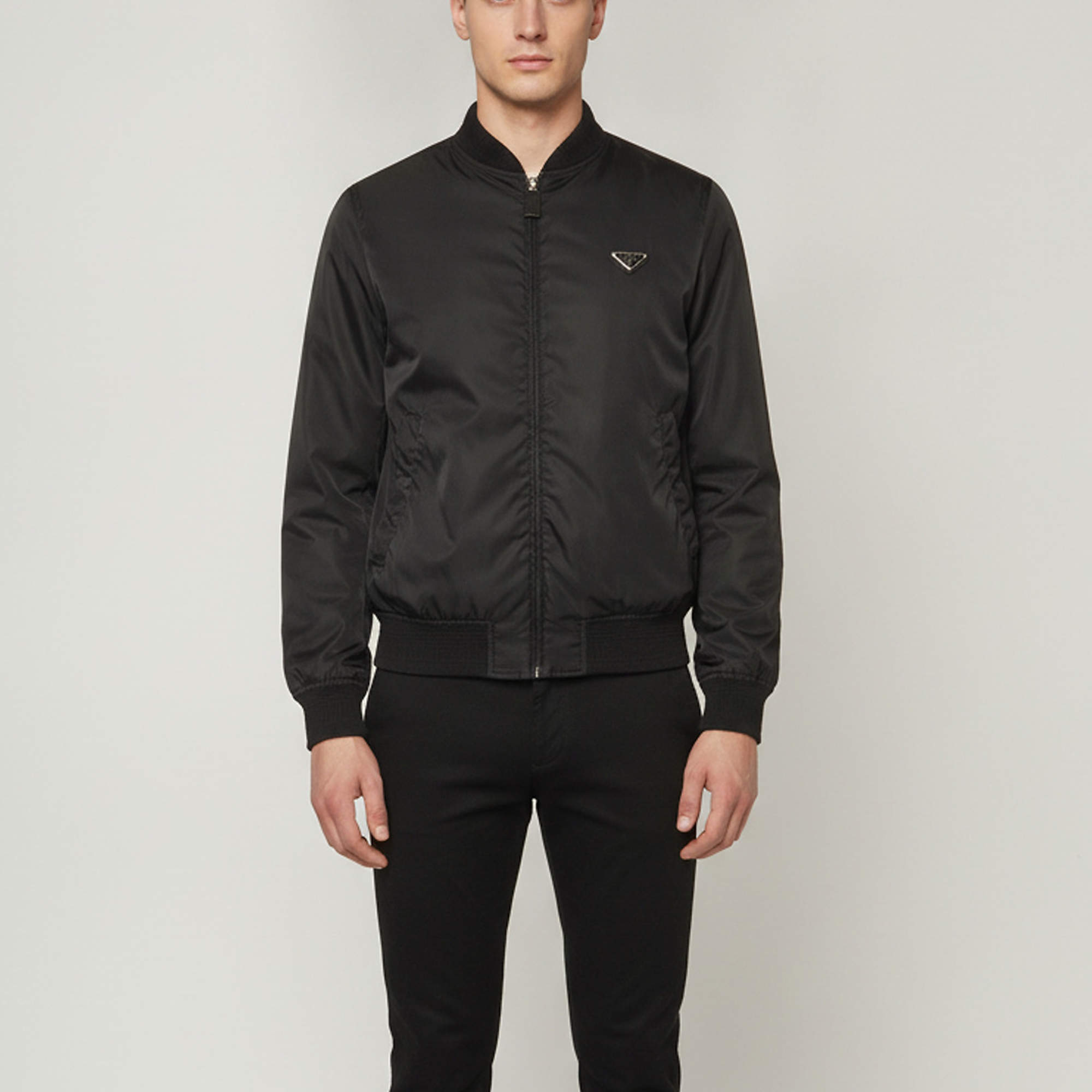 Pre Owned Prada Black Triangle Logo Re-Nylon Bomber Jacket S