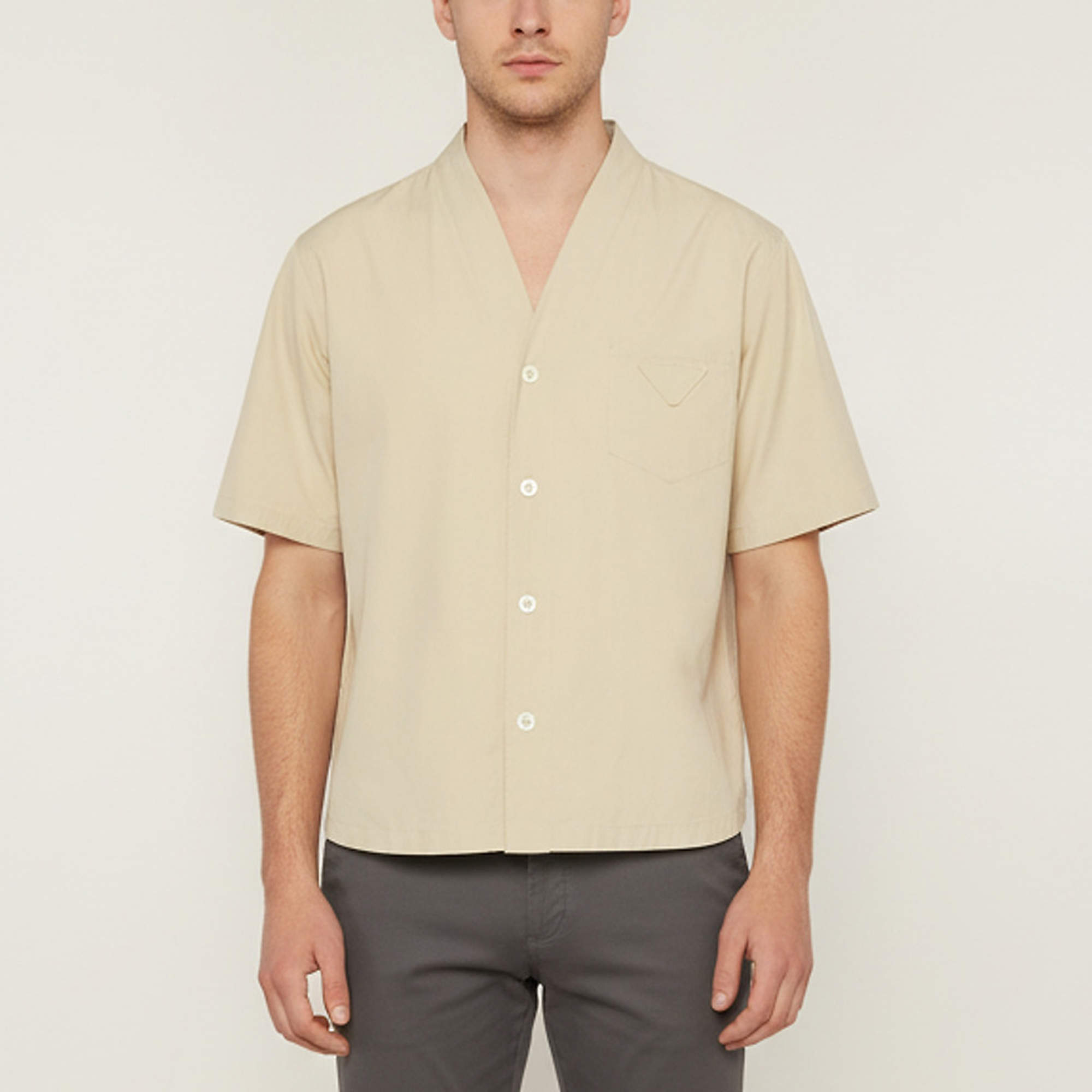 Pre Owned Prada Beige Poplin Collarless V-Neck Shirt L