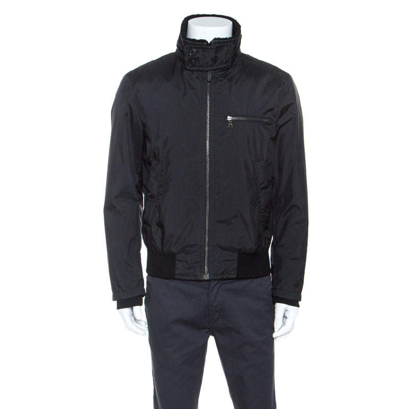 Pre Owned Prada Black Sheep Skin Detail Zip Front Jacket L 