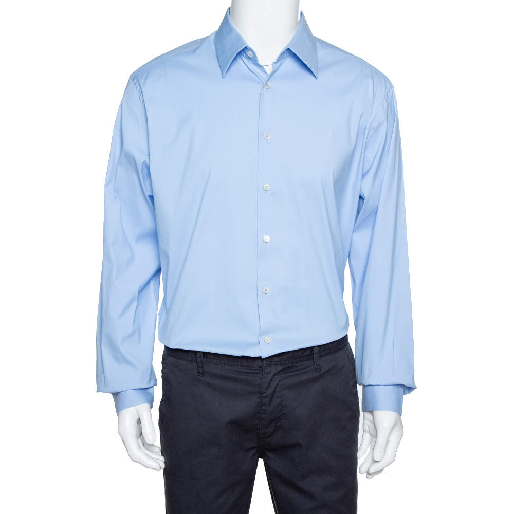 Prada Light Blue Stretch Cotton Long Sleeve Shirt XXXL