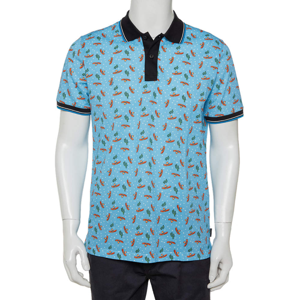 Pre Owned تي شيرت بولو برادا بيكيه قطن مطبوع سومبريرو أزرق مقاس كبير (لارج)