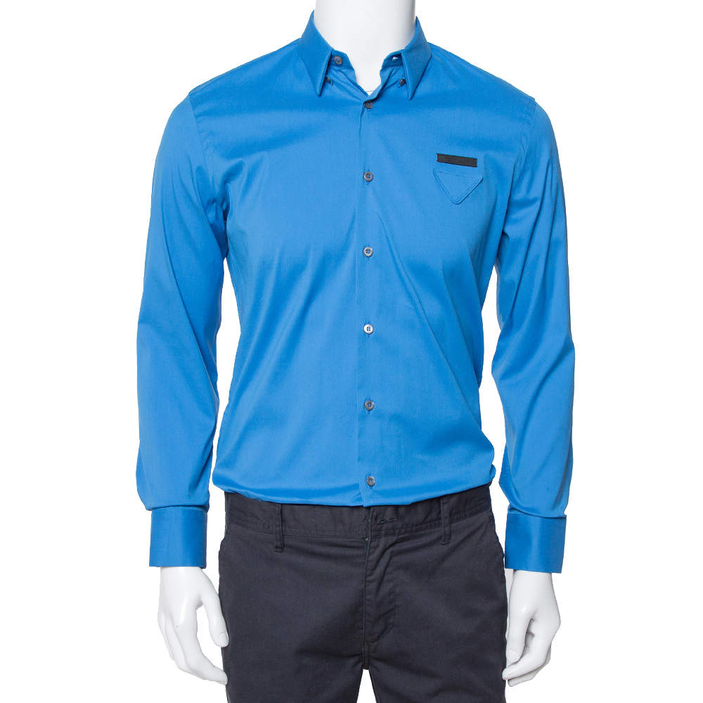 Prada Blue Stretch Cotton Button Front Shirt S