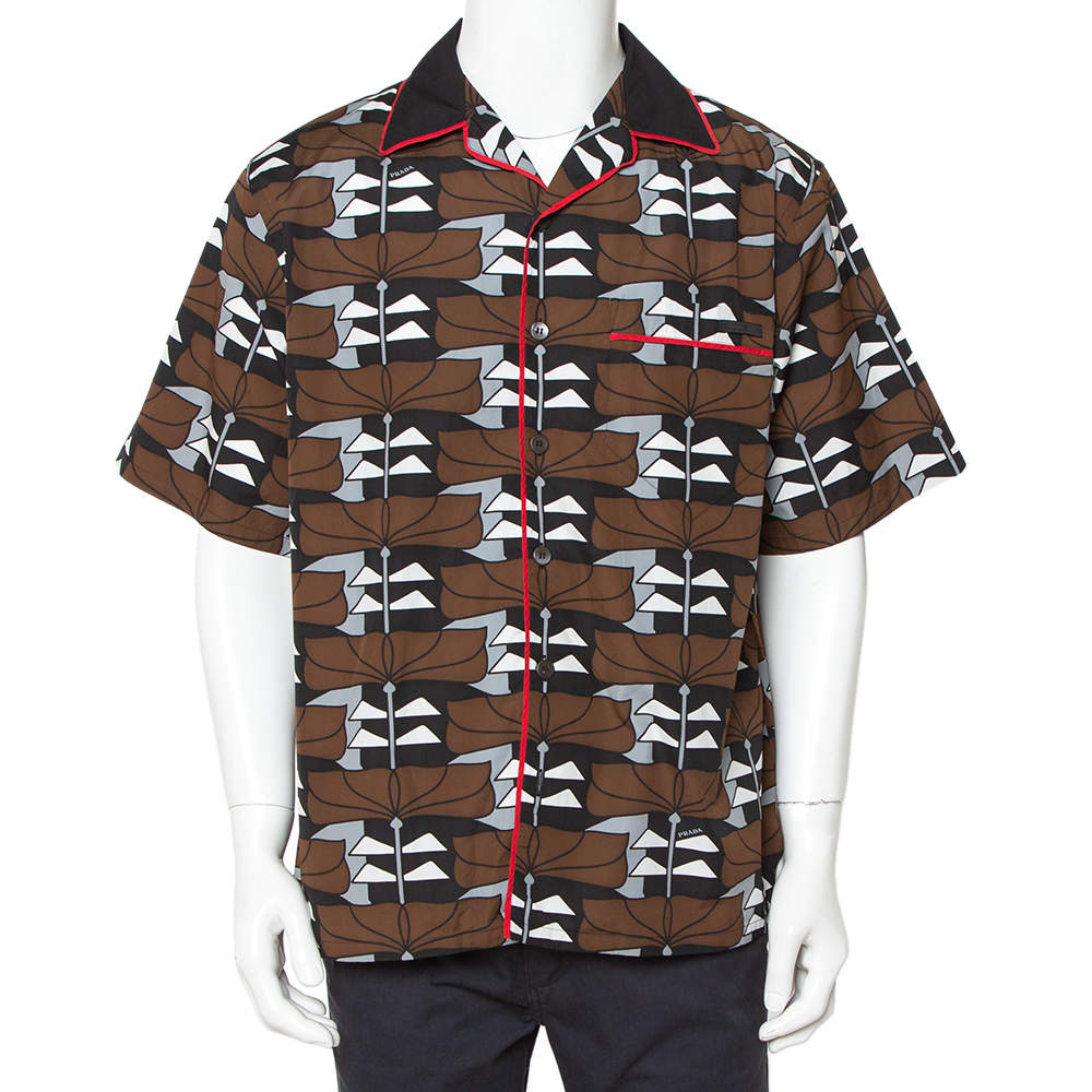 Prada Brown Abstract Printed Cotton Short Sleeve Bowling Shirt XL