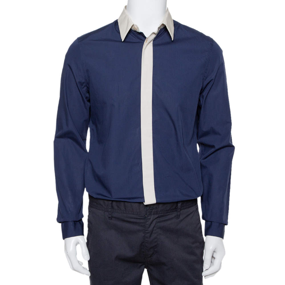 Pre Owned Prada Navy Blue Cotton Contrast Collar & Placket Detail Button Front Shirt L 
